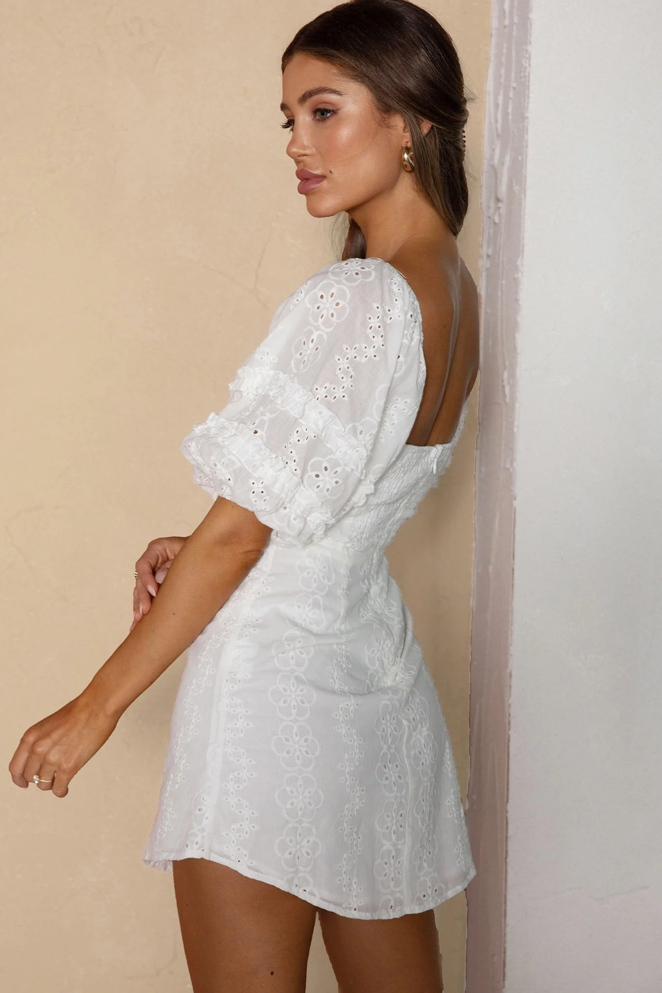 Sweet Romance Puff Sleeve Eyelet Mini Dress White - Seraphlike