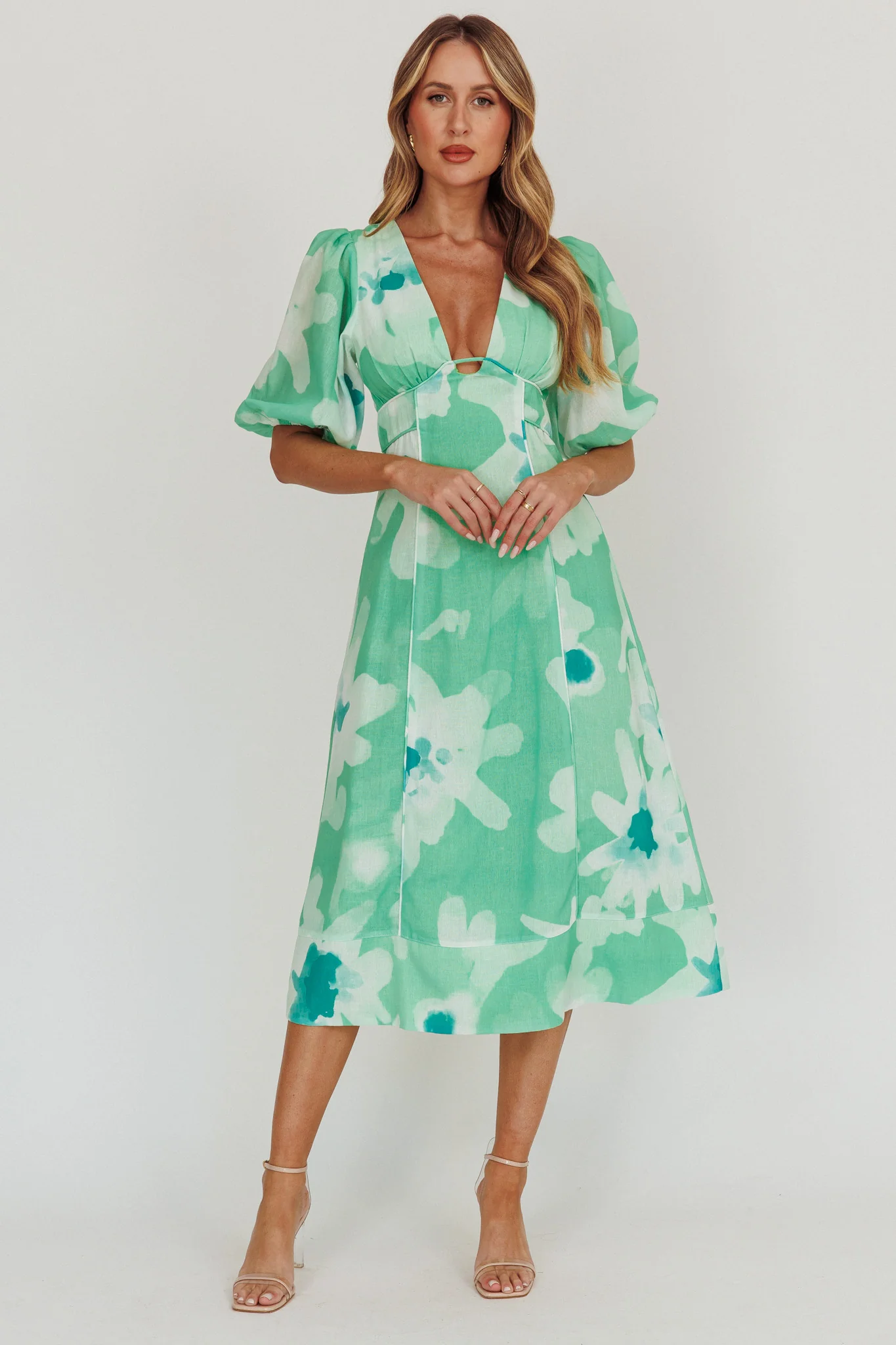 Elias Puff Sleeve Midi Dress Green - Seraphlike
