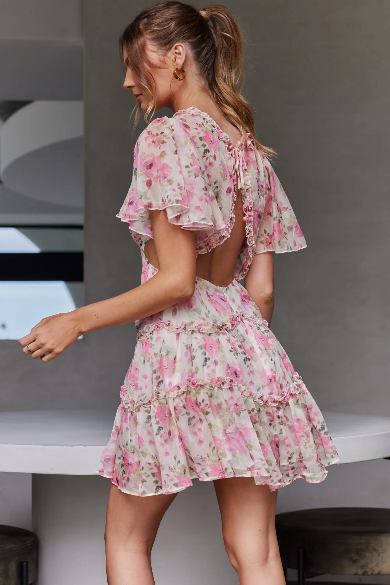 Tres Chic Flutter Sleeve Cut-Out Dress Floral Pink - Seraphlike