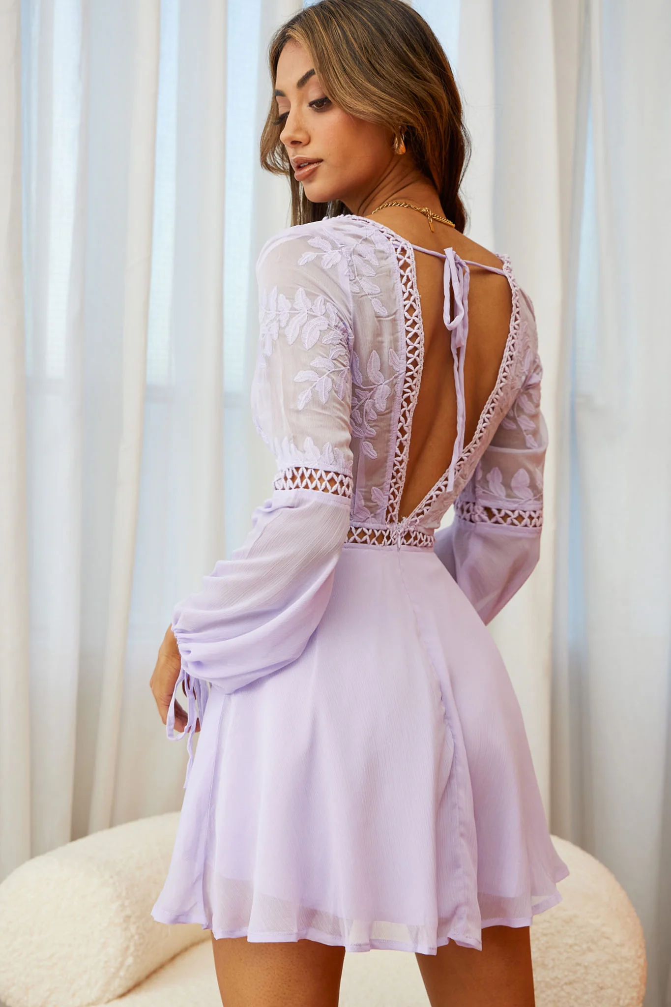Carson Long Sleeve Crochet Embroidery Detail Dress Lilac - Seraphlike