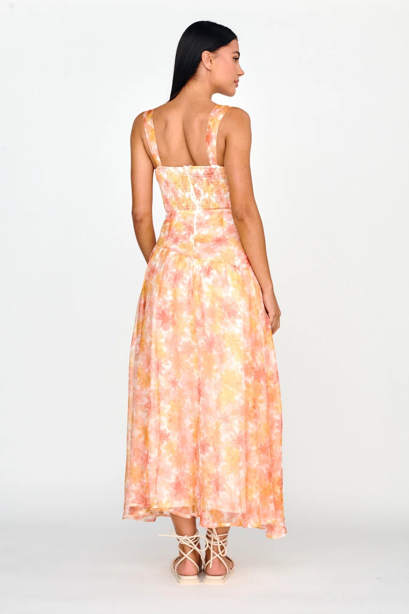 Nichola Ruched Bust Midi Dress Floral Orange - Seraphlike