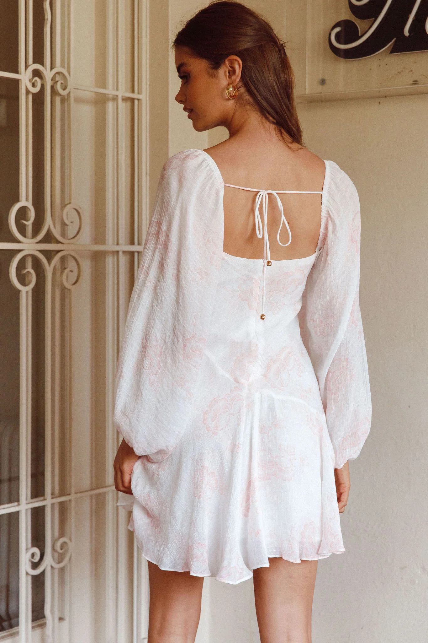 Beaujolais Long Sleeve Cowl Neckline Ruffle Mini Dress Floral Blush - Seraphlike