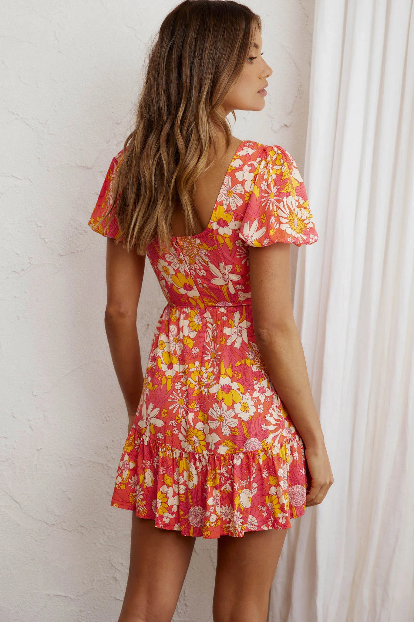 Crystal Shores Shirred Bust Mini Dress Floral Orange - Seraphlike