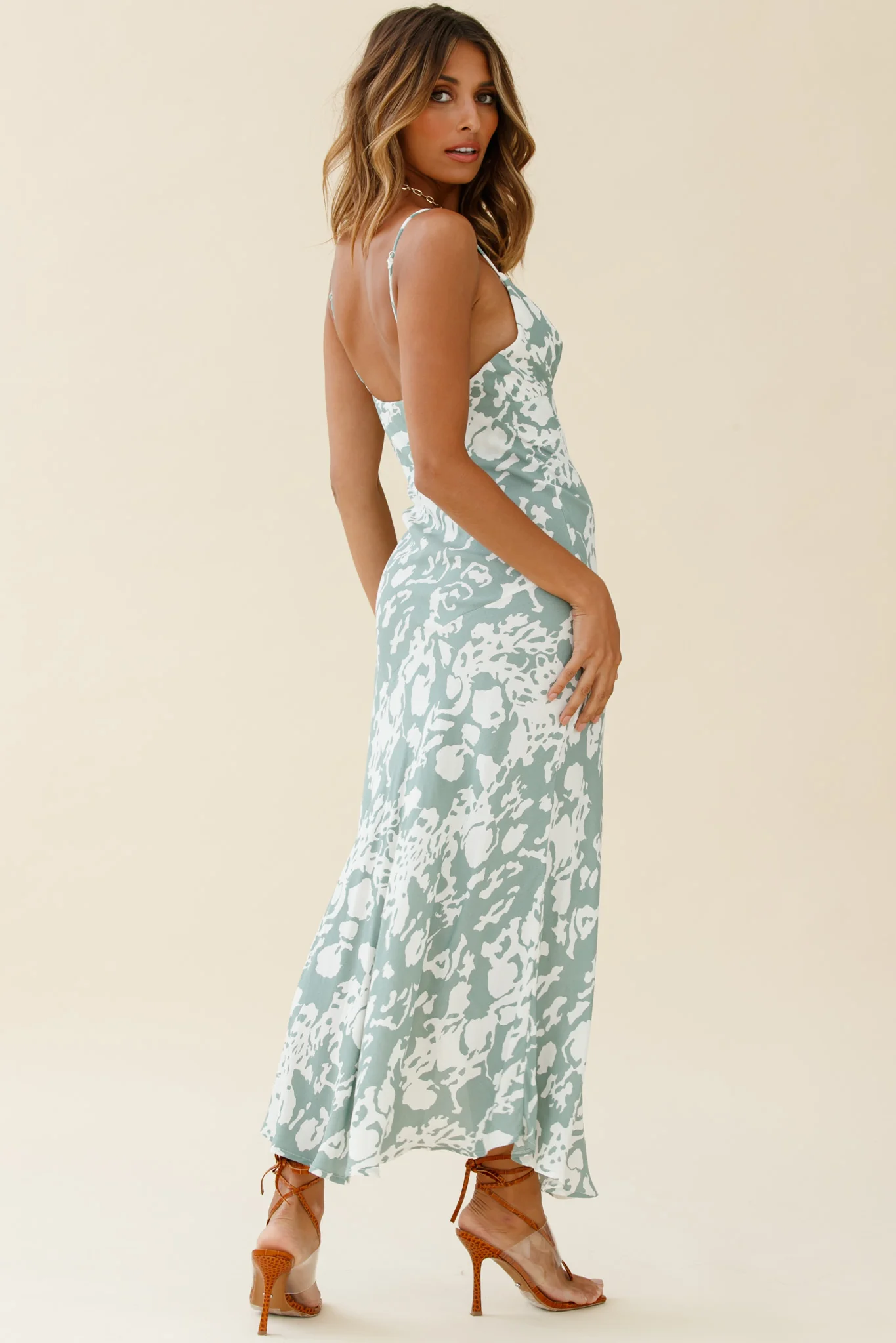 Downtown Cami Strap Front Split Midi Dress Stencil Print Sage - Seraphlike