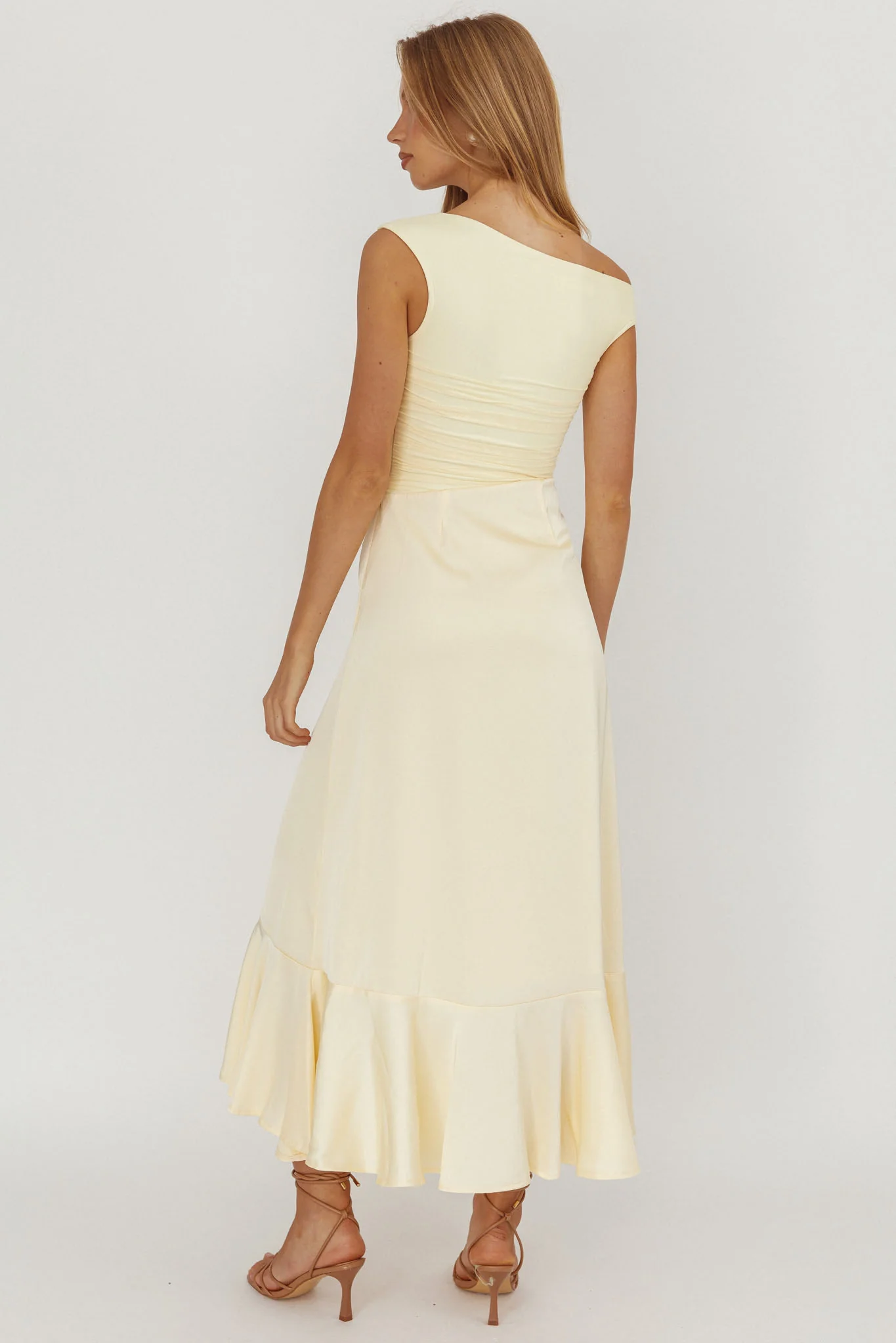 Moonlit Magic Asymmetric Neckline Satin Ruffle Dress Butter - Seraphlike