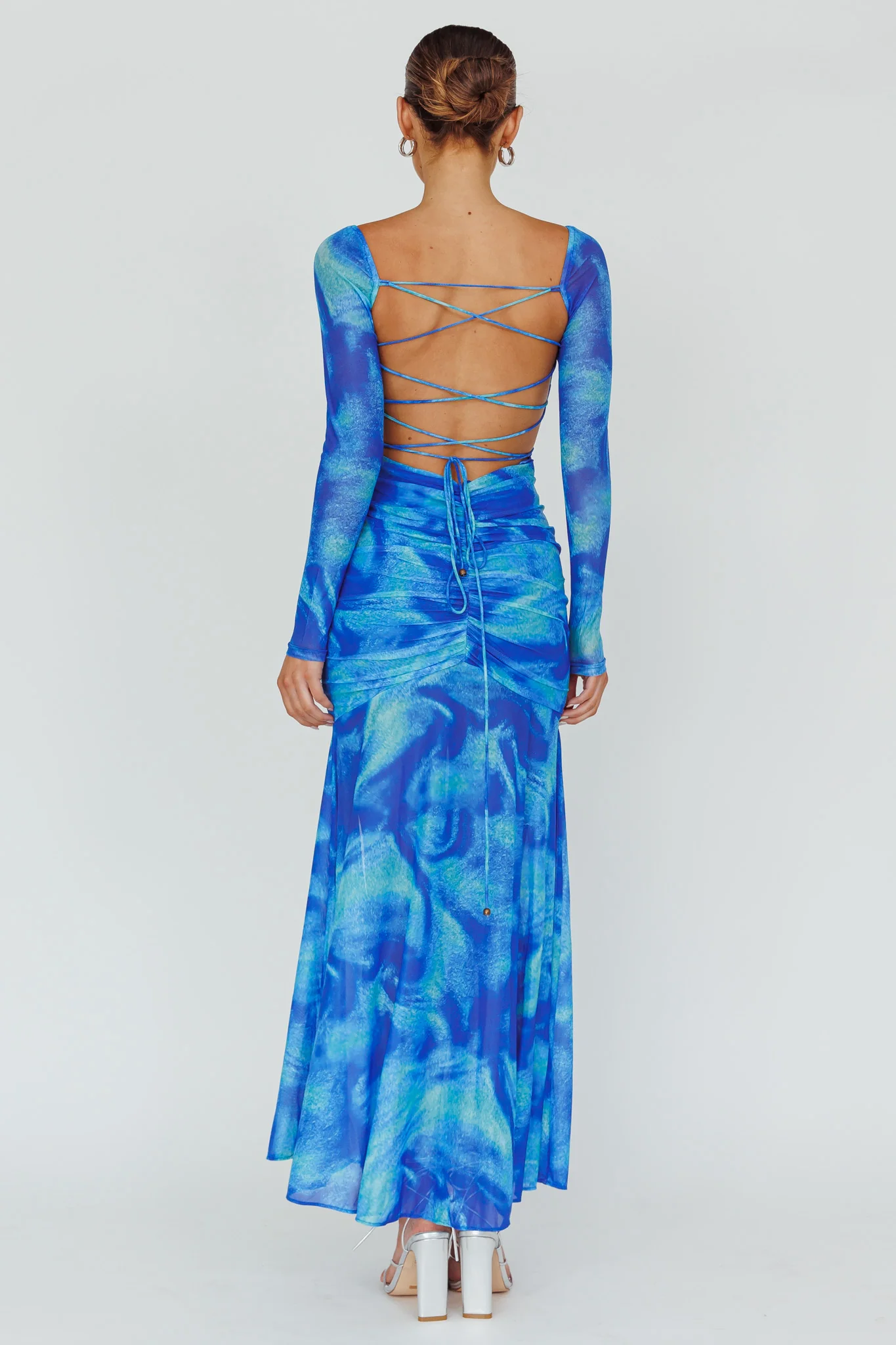Apryl Long Sleeve Lace-Up Back Maxi Dress Blue - Seraphlike