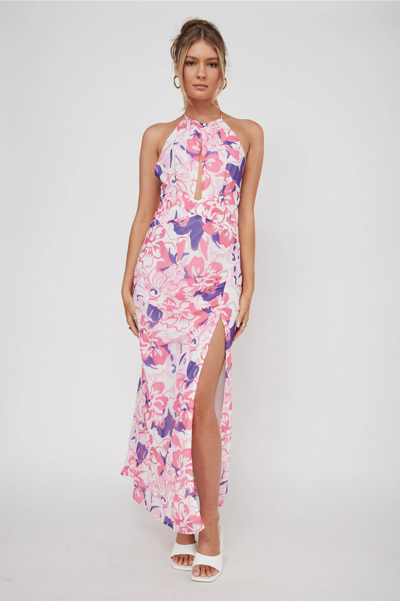 Nirvana Halterneck Split Midi Dress Floral Pink - Seraphlike