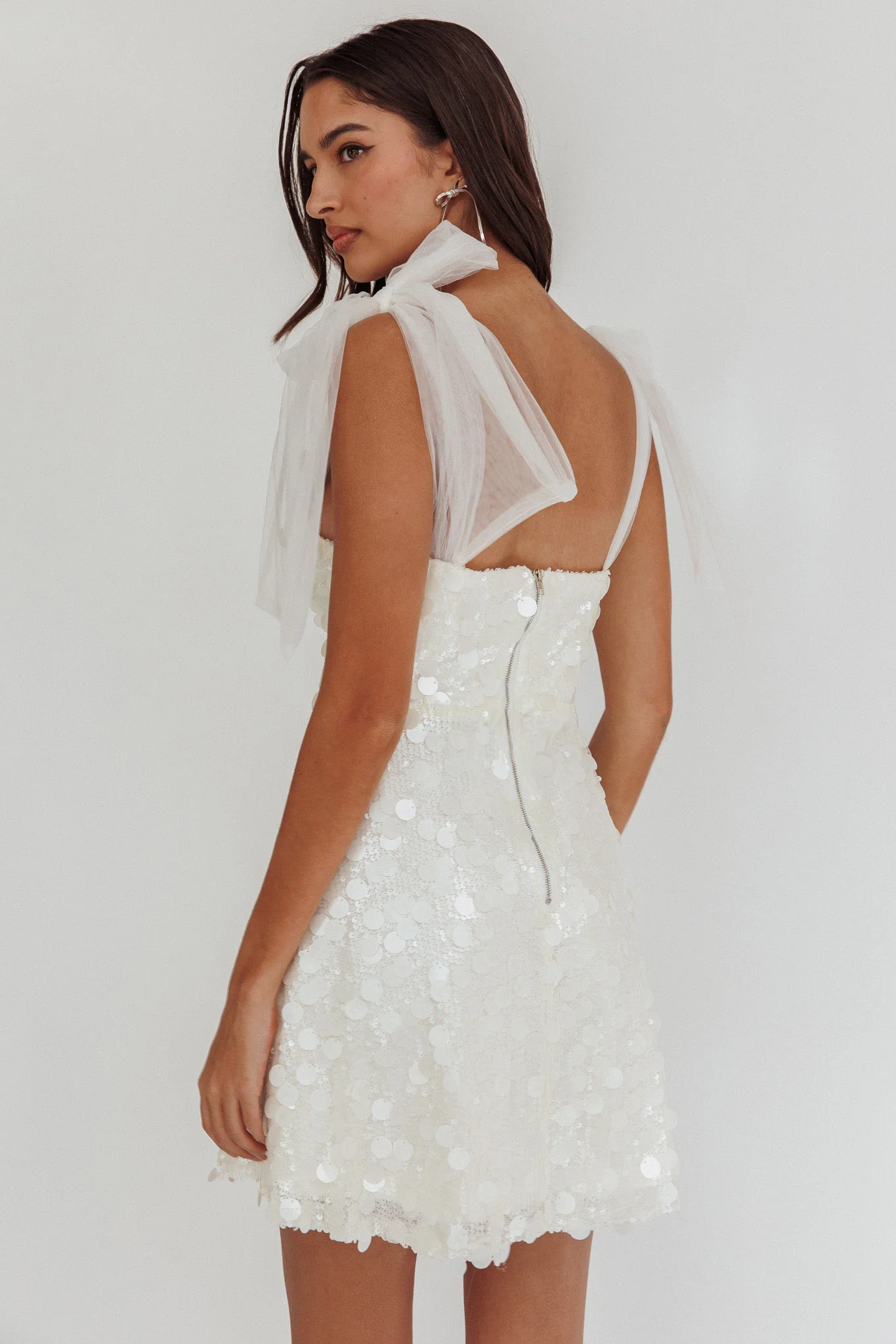 Mykonos Morning Tied Shoulder Sequin Mini Dress White - Seraphlike