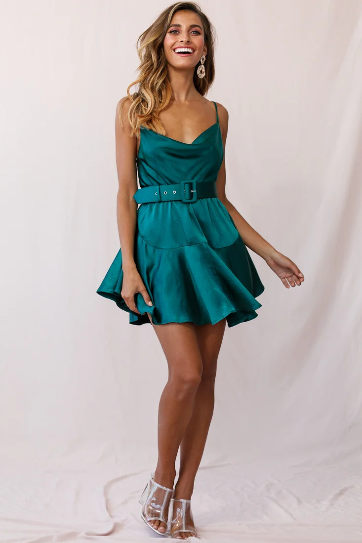 Agent 99 Belted Satin Cowl Neck Dress Forest Green - Seraphlike