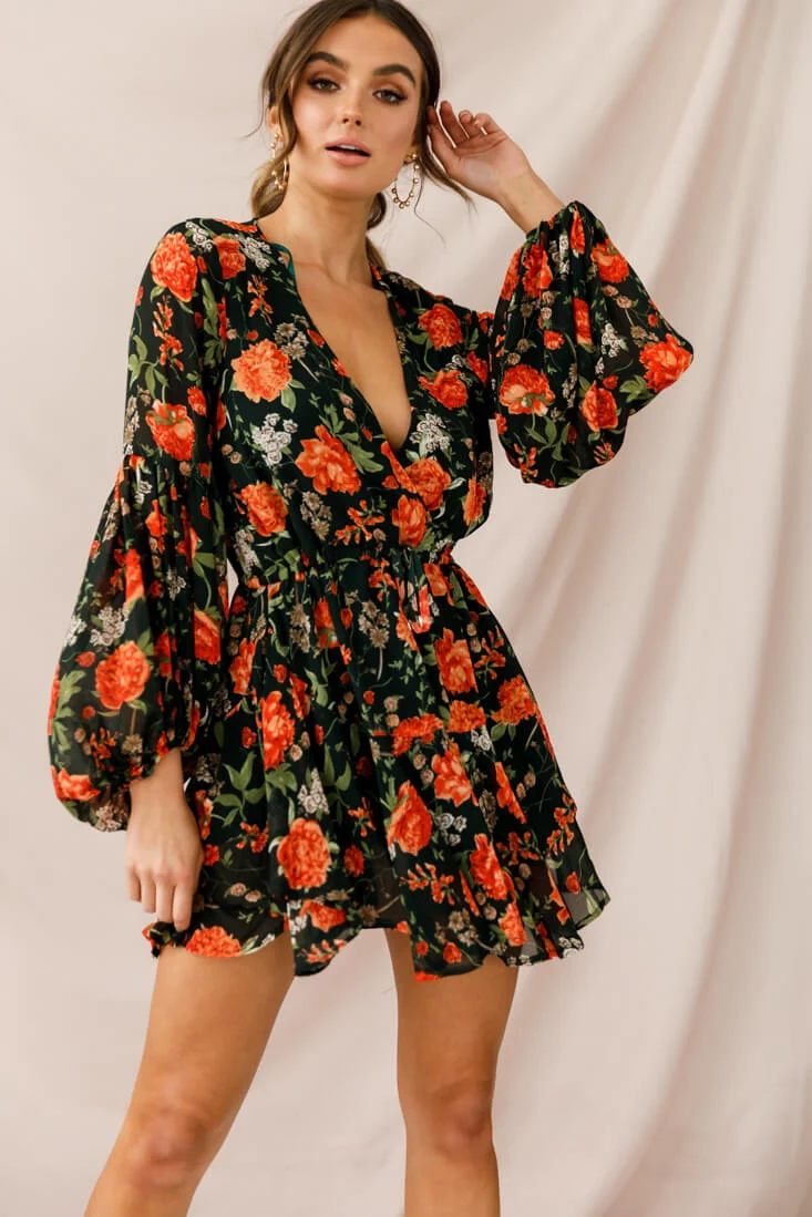 Annalise Long Sleeve Drawstring Dress Green/Orange - Seraphlike