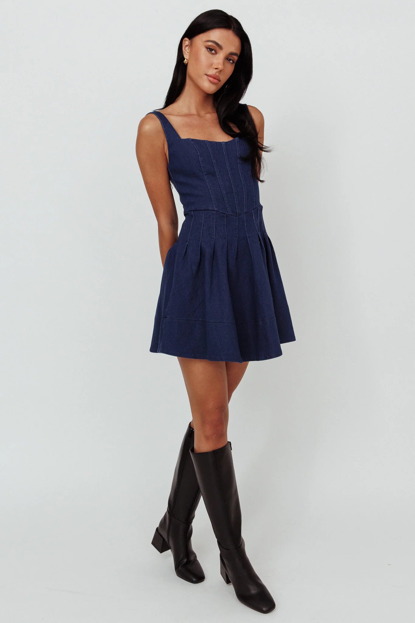 Talisa Pintuck Pleat Waist Mini Dress Dark Blue - Seraphlike