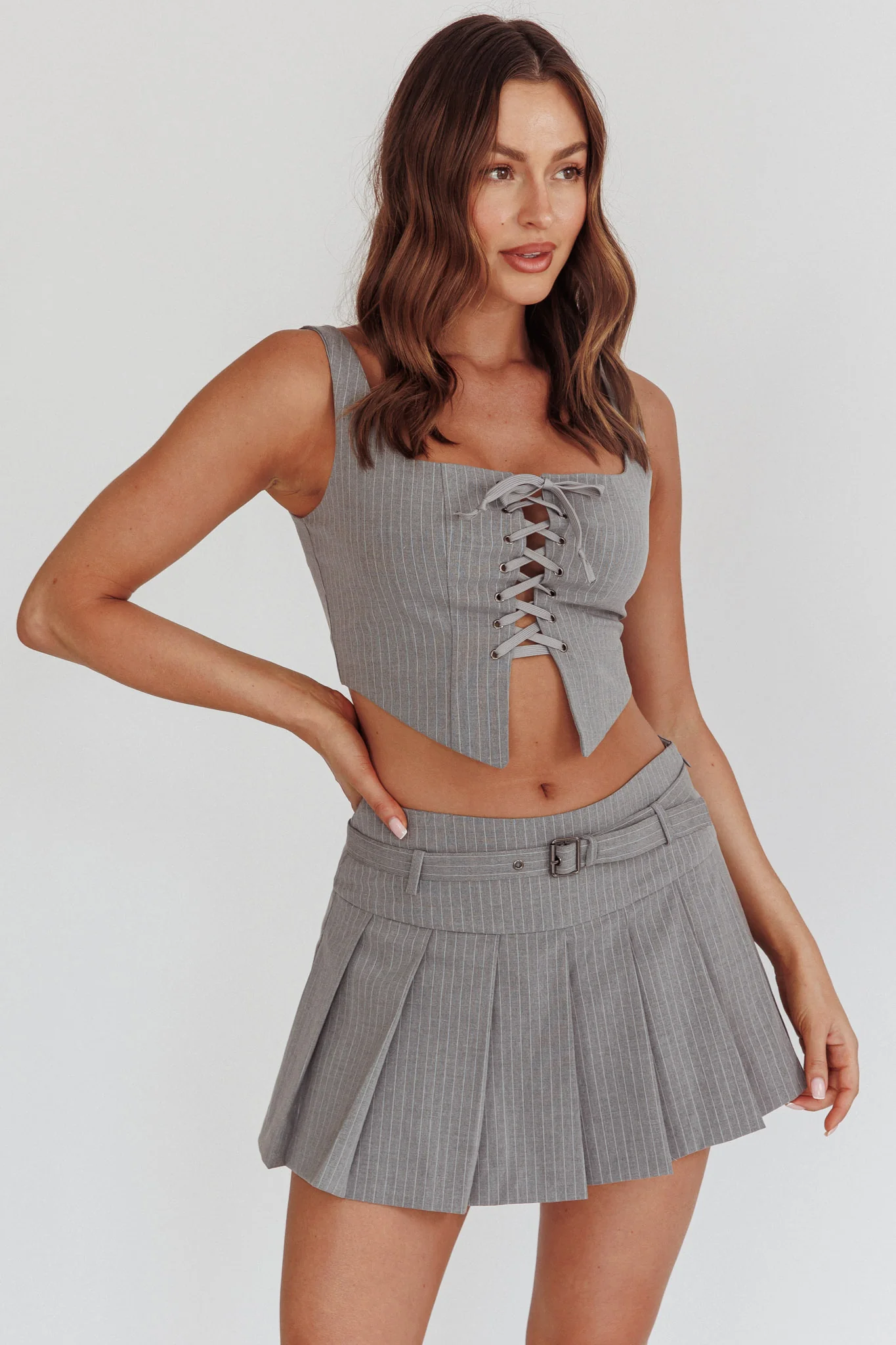 Swoon Belted Pleat Mini Skirt Grey - Seraphlike