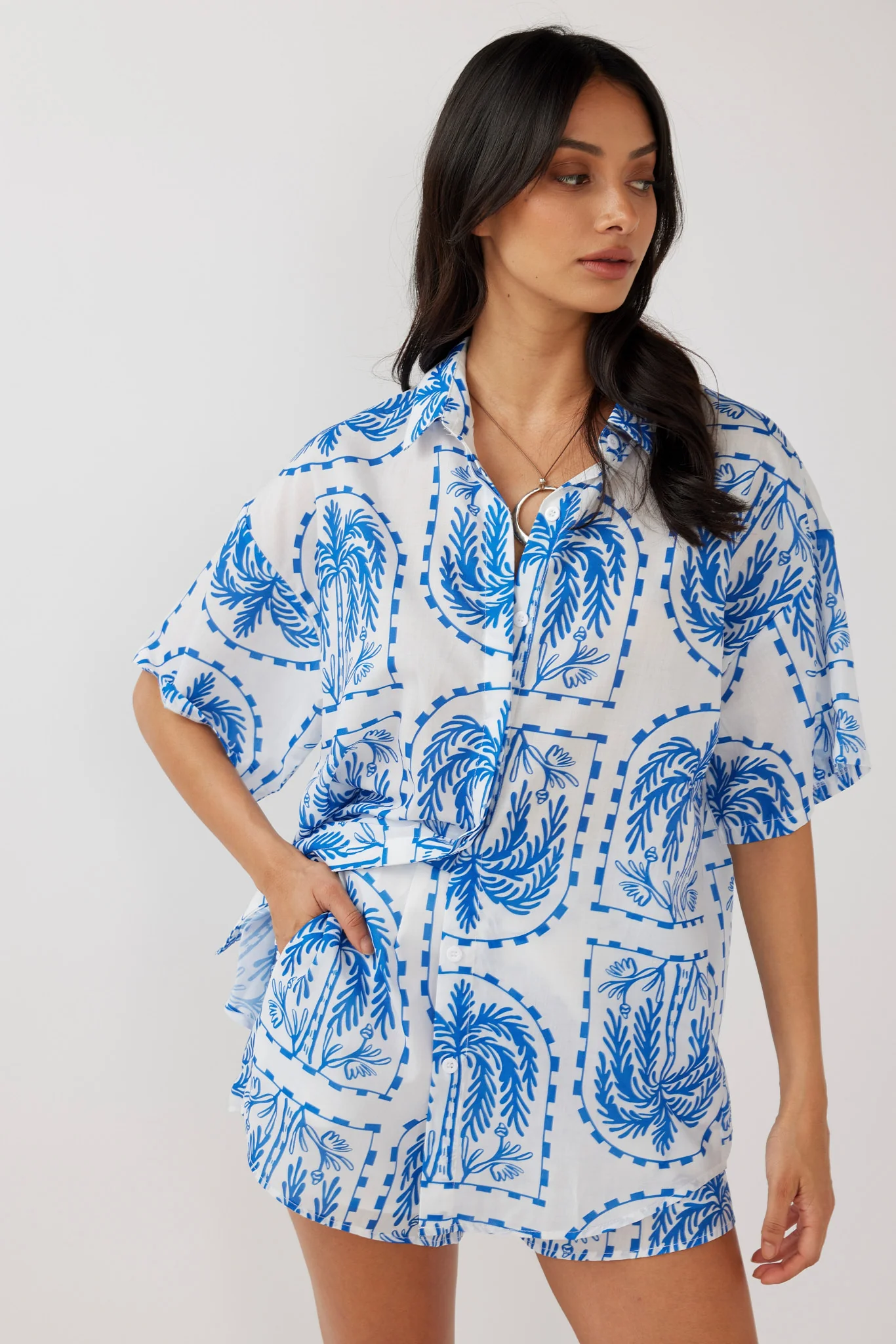 Cora Button-Up Shirt Print Blue White - Seraphlike