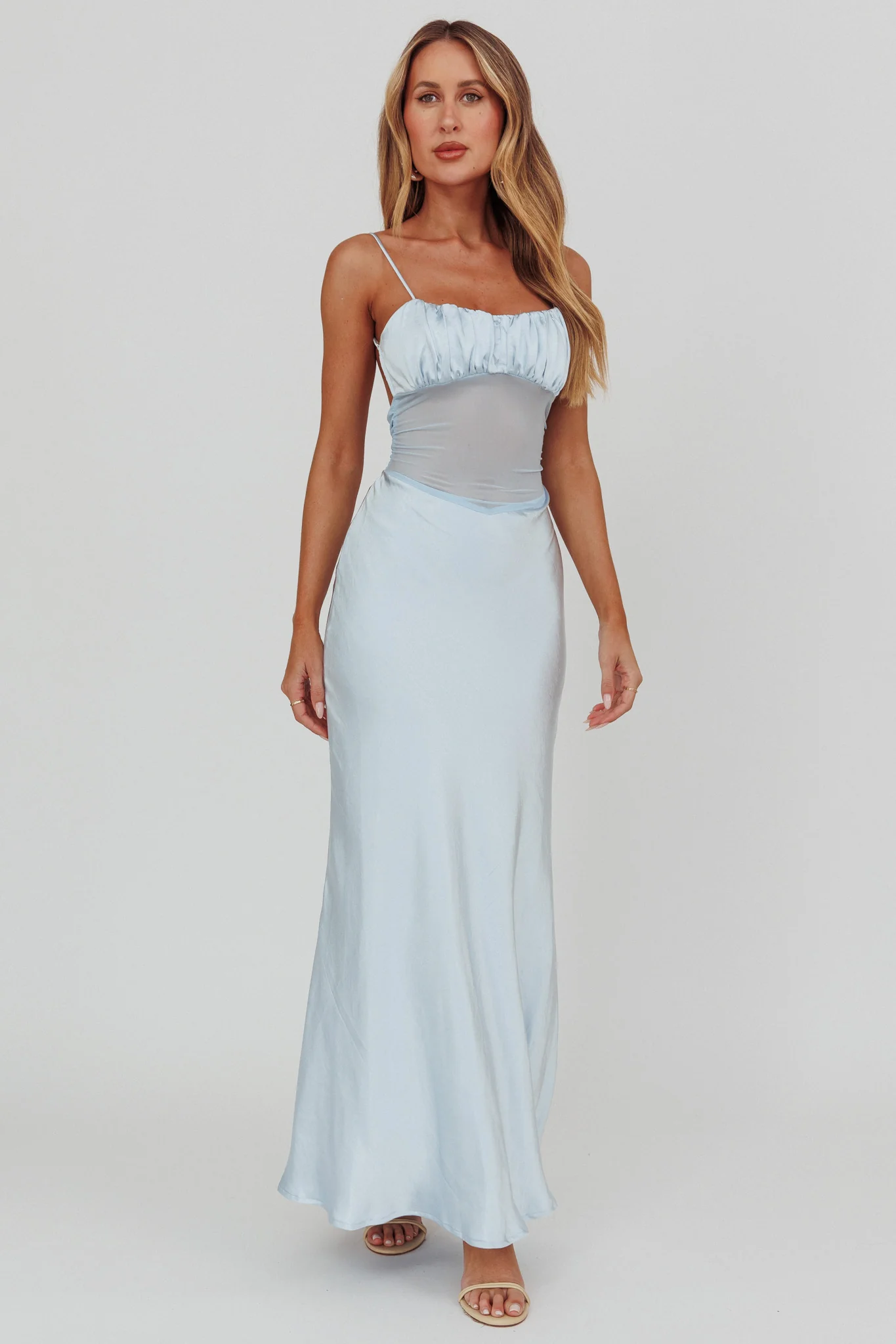 Nerida Sheer Waist Back Twist Maxi Dress Blue - Seraphlike