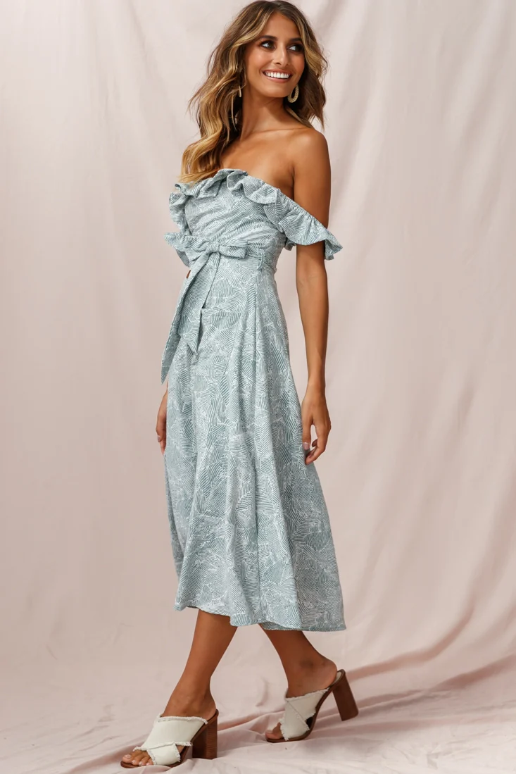 Matisse Off-Shoulder Placket Dress Sage Pattern - Seraphlike