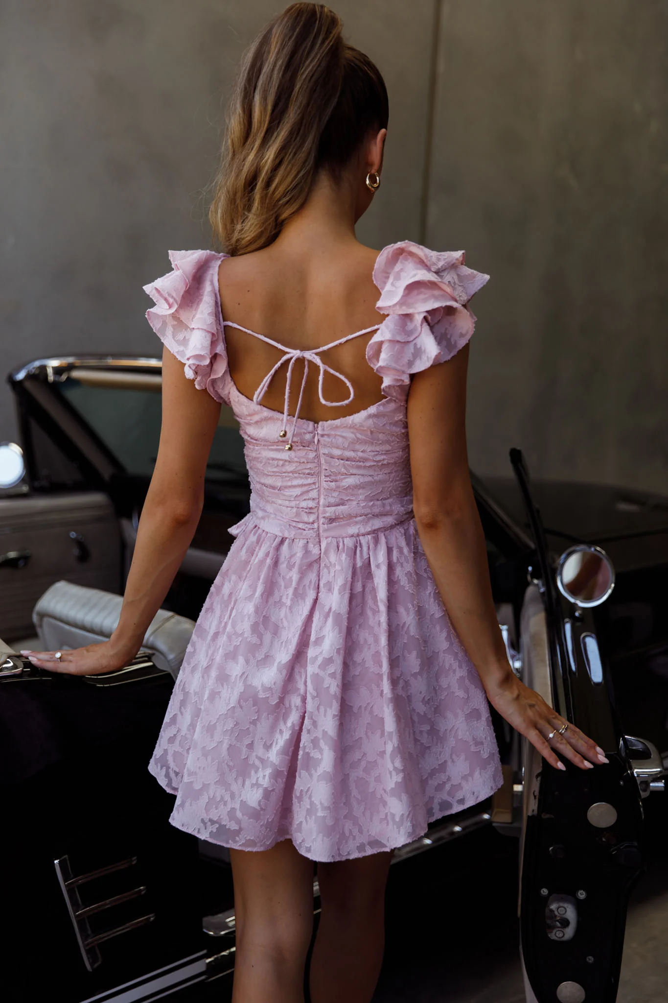 Lola Ruffle Shoulder Ruched Dress Textured Blush - Seraphlike