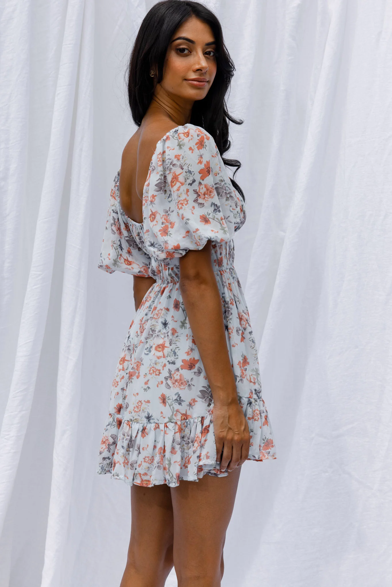 Vista Del Mar Tied Bust Mini Dress Floral Steel Blue - Seraphlike