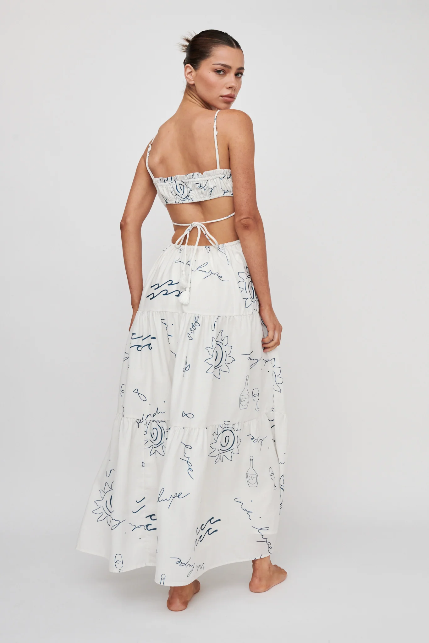 Eyona Cut-Out Back Tie Maxi Dress Print Cream Blue - Seraphlike