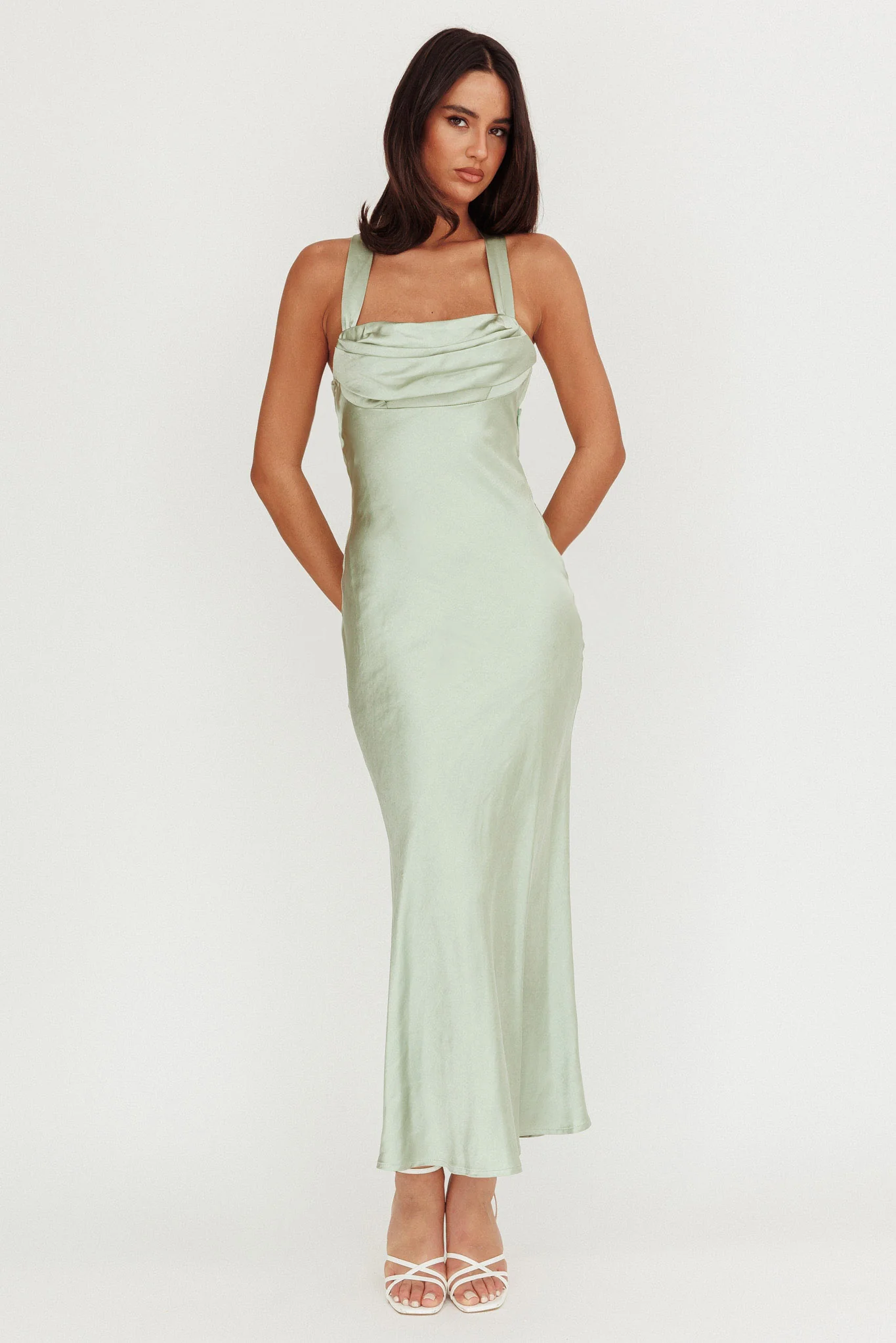 Favorite Part Crossover Back Satin Maxi Dress Sage - Seraphlike