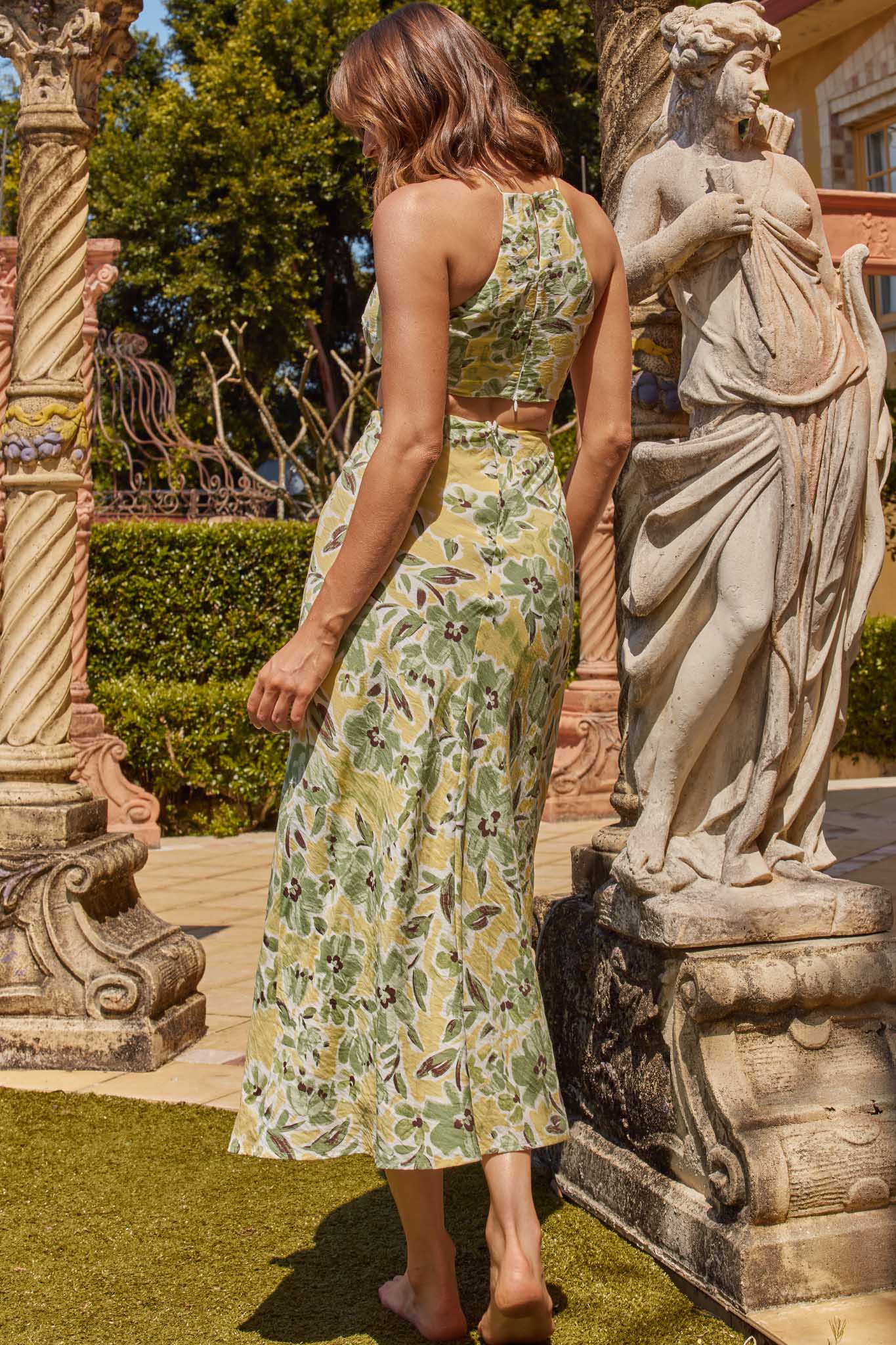 Utopia Cut-Out Waist Midi Dress Green/Yellow - Seraphlike