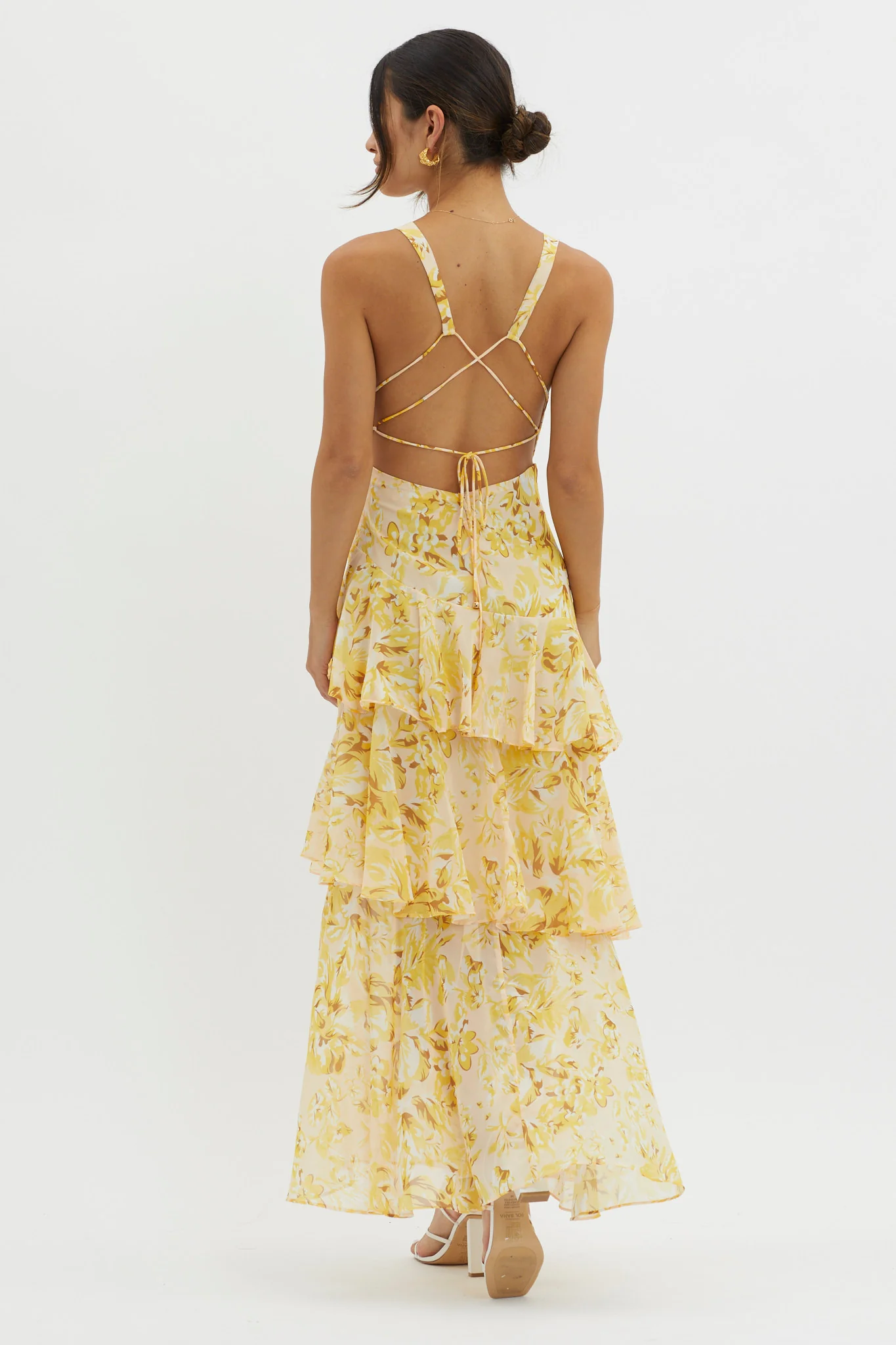 Veda Strappy Back Ruffle Midi Dress Floral Yellow - Seraphlike