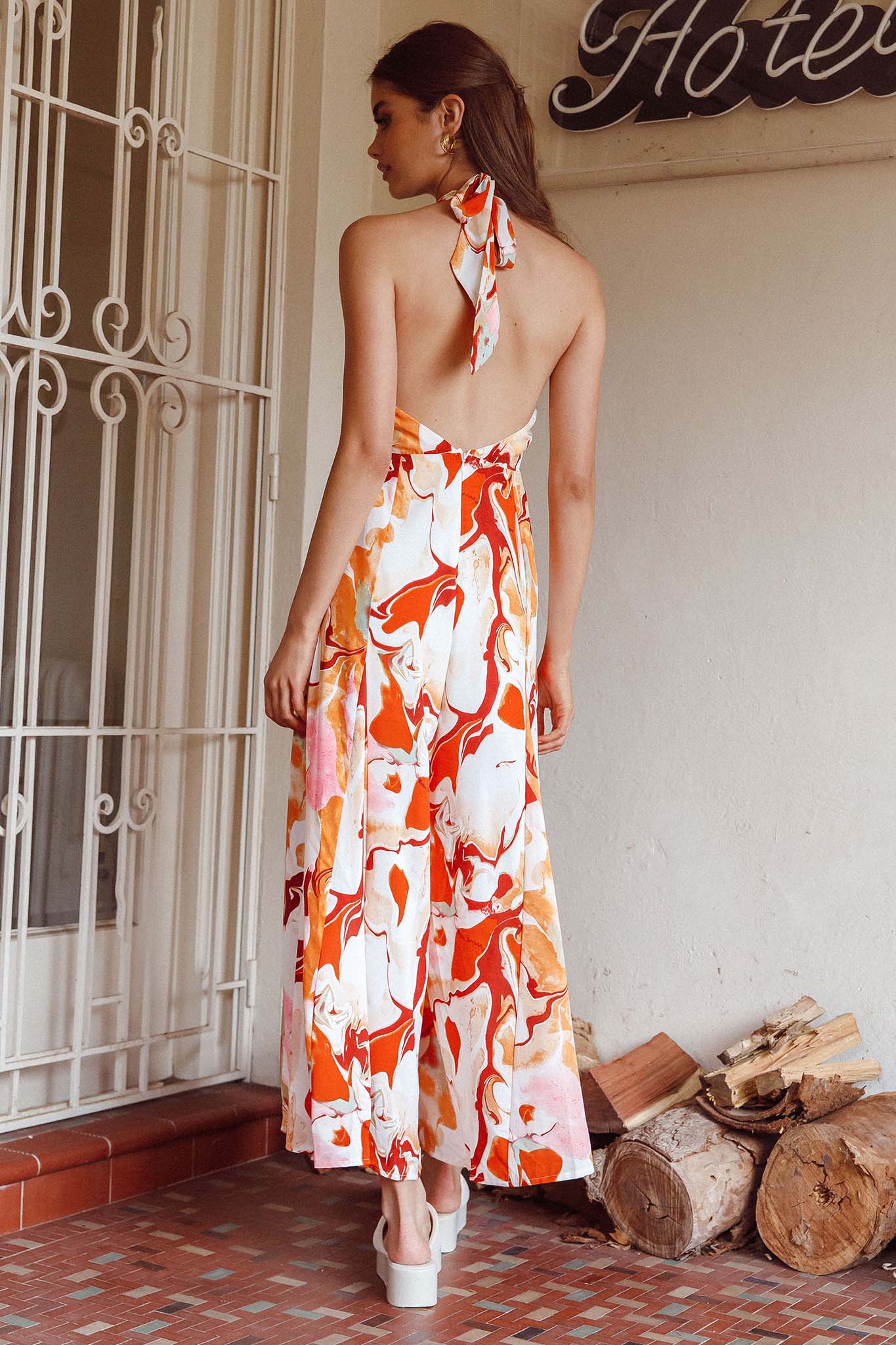 Solstice Sun Halterneck Jumpsuit Swirl Orange - Seraphlike