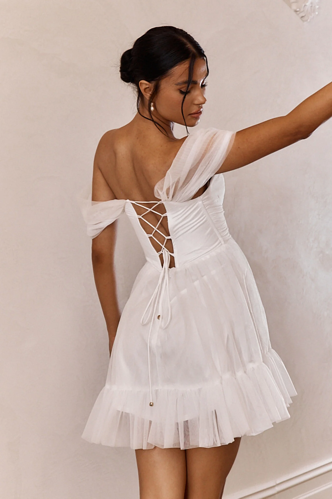 Pixi Off-Shoulder Lace-Up Back Mini Dress White - Seraphlike