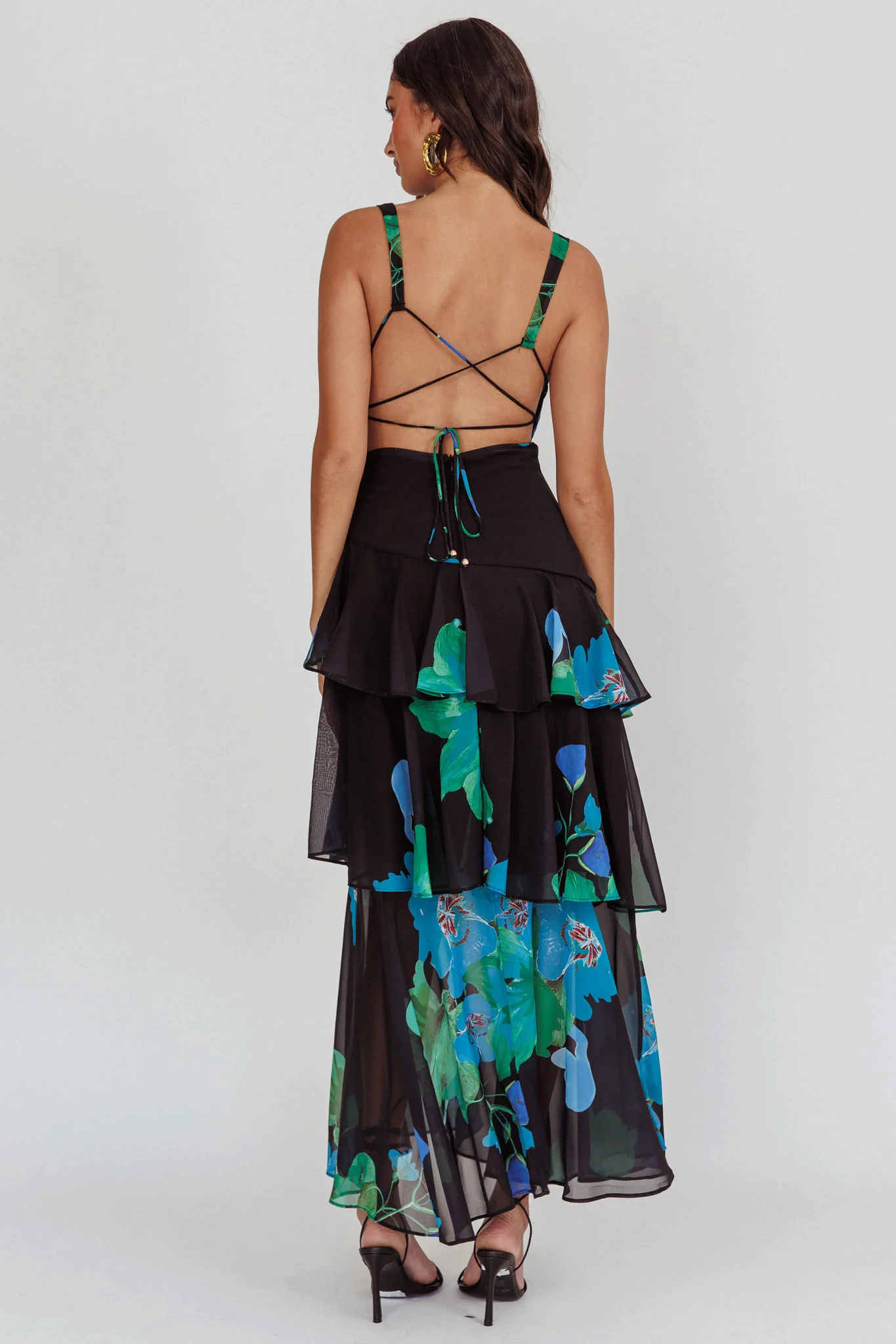 Veda Strappy Back Ruffle Maxi Dress Black - Seraphlike