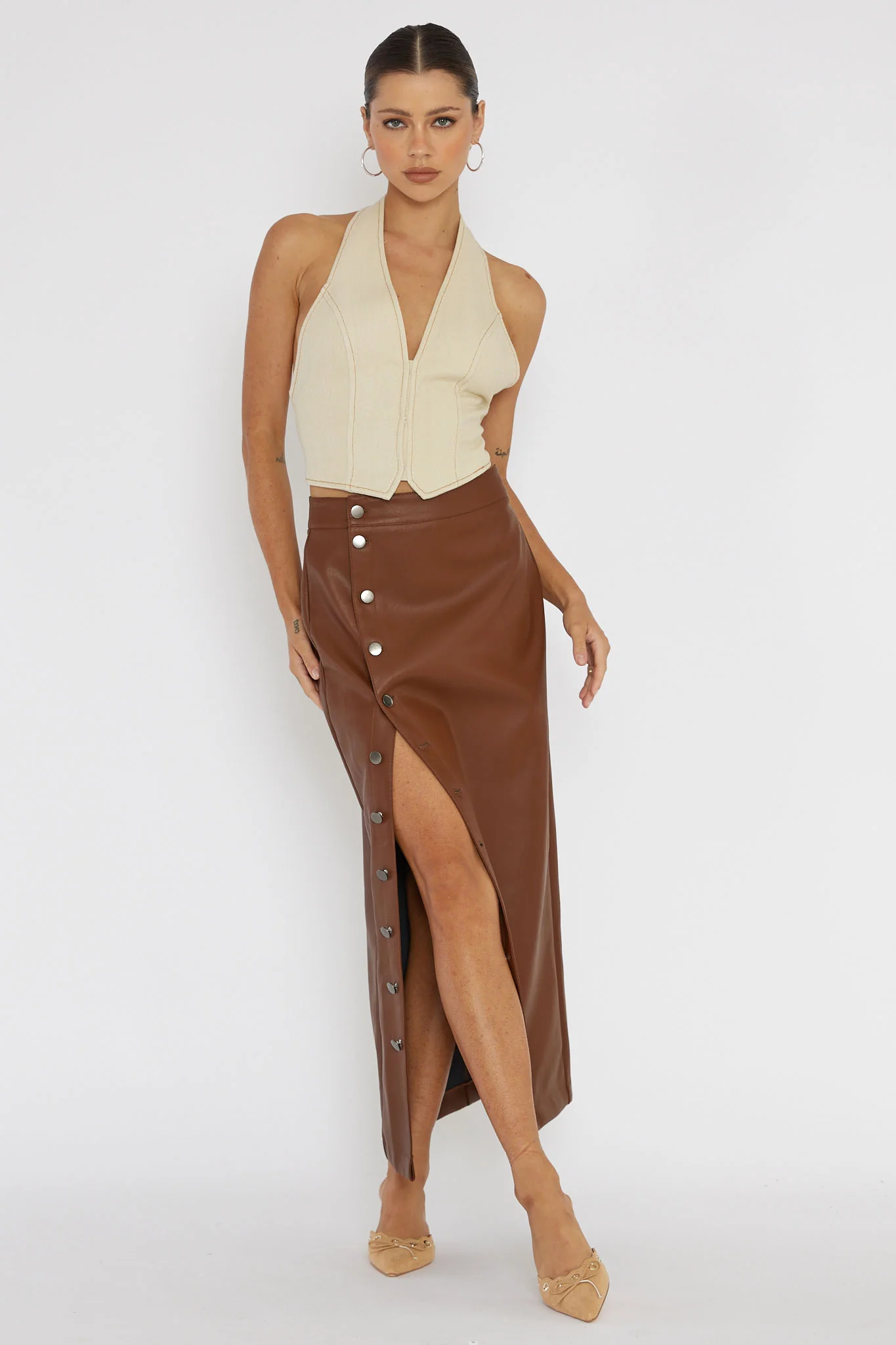 Angelica Button-Up Faux Leather Midi Skirt Brown - Seraphlike