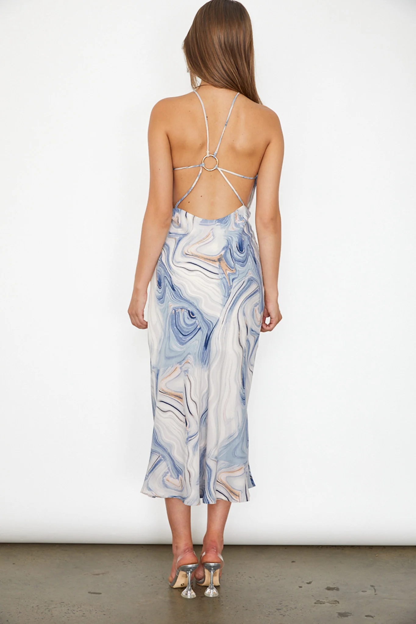 Elanora Strappy Midi Dress Marbled Blue - Seraphlike