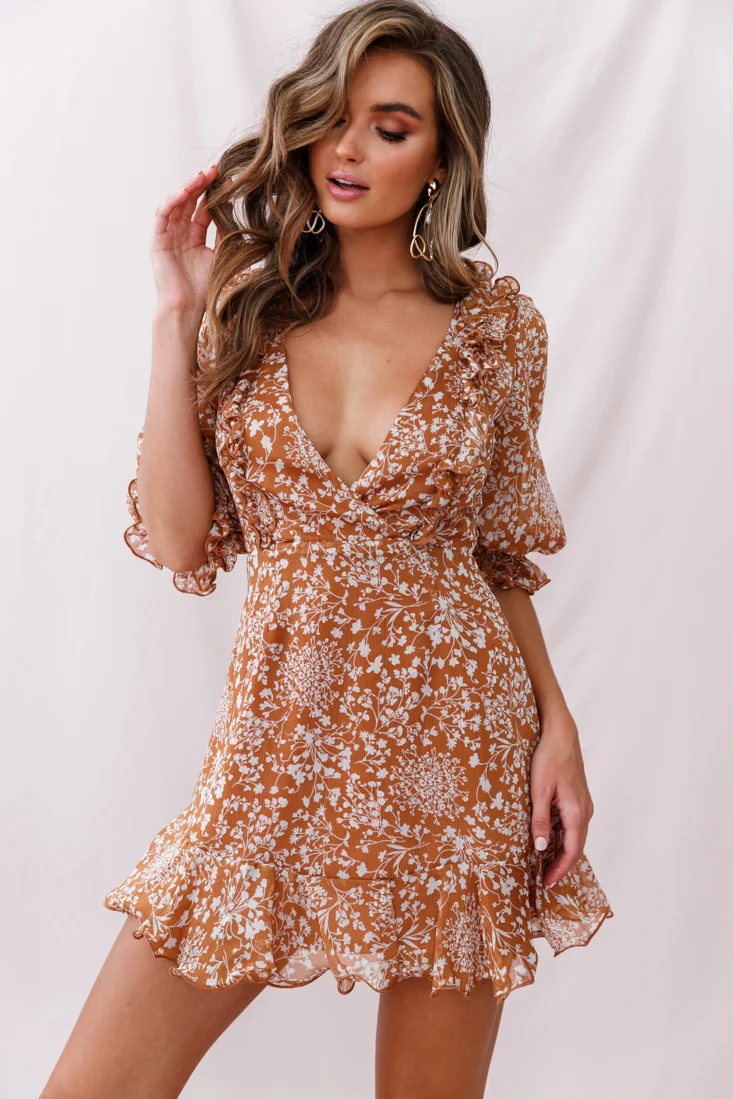 Misty Half Puff Sleeve Ruffle Detail Dress Tan - Seraphlike