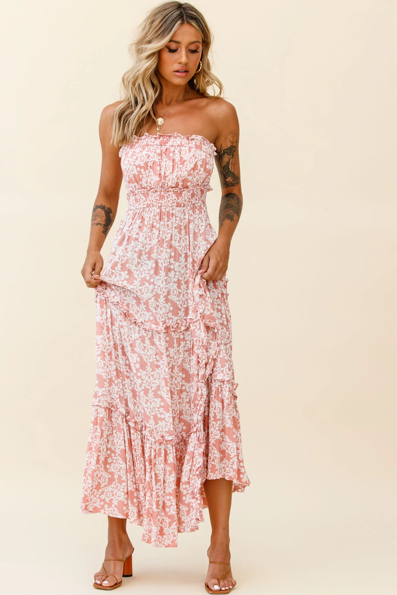 Take Me Away Strapless Maxi Dress Floral Print Blush - Seraphlike