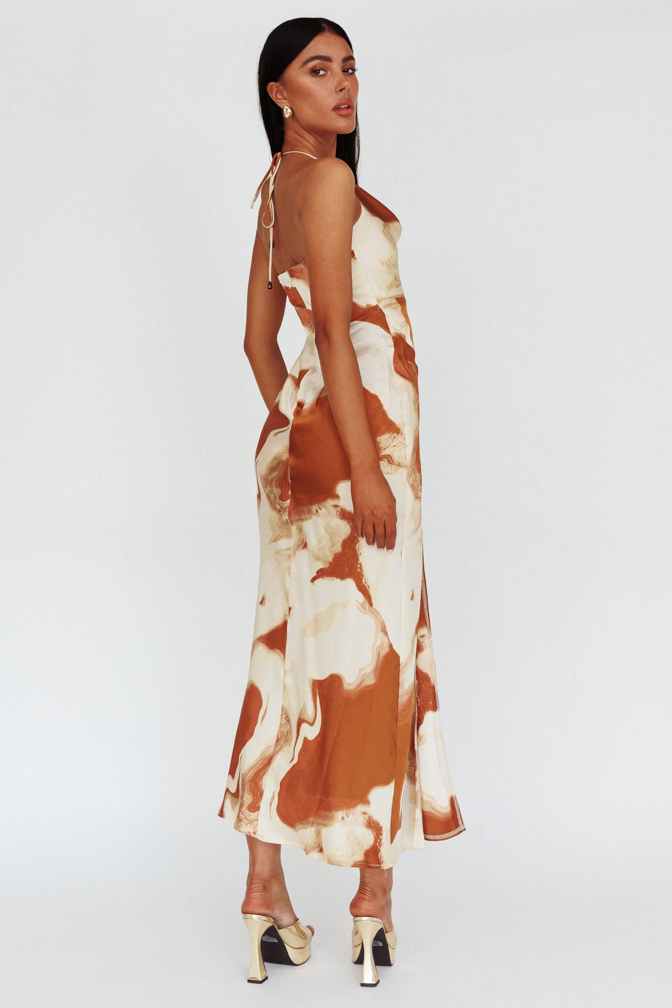 Marcello Cowl Halterneck Midi Dress Marble Brown - Seraphlike