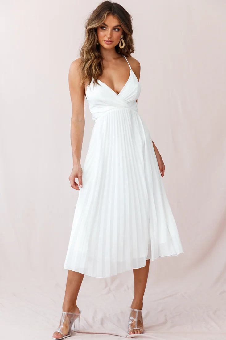 Artemis Accordion Pleat Strappy Back Midi Dress White - Seraphlike