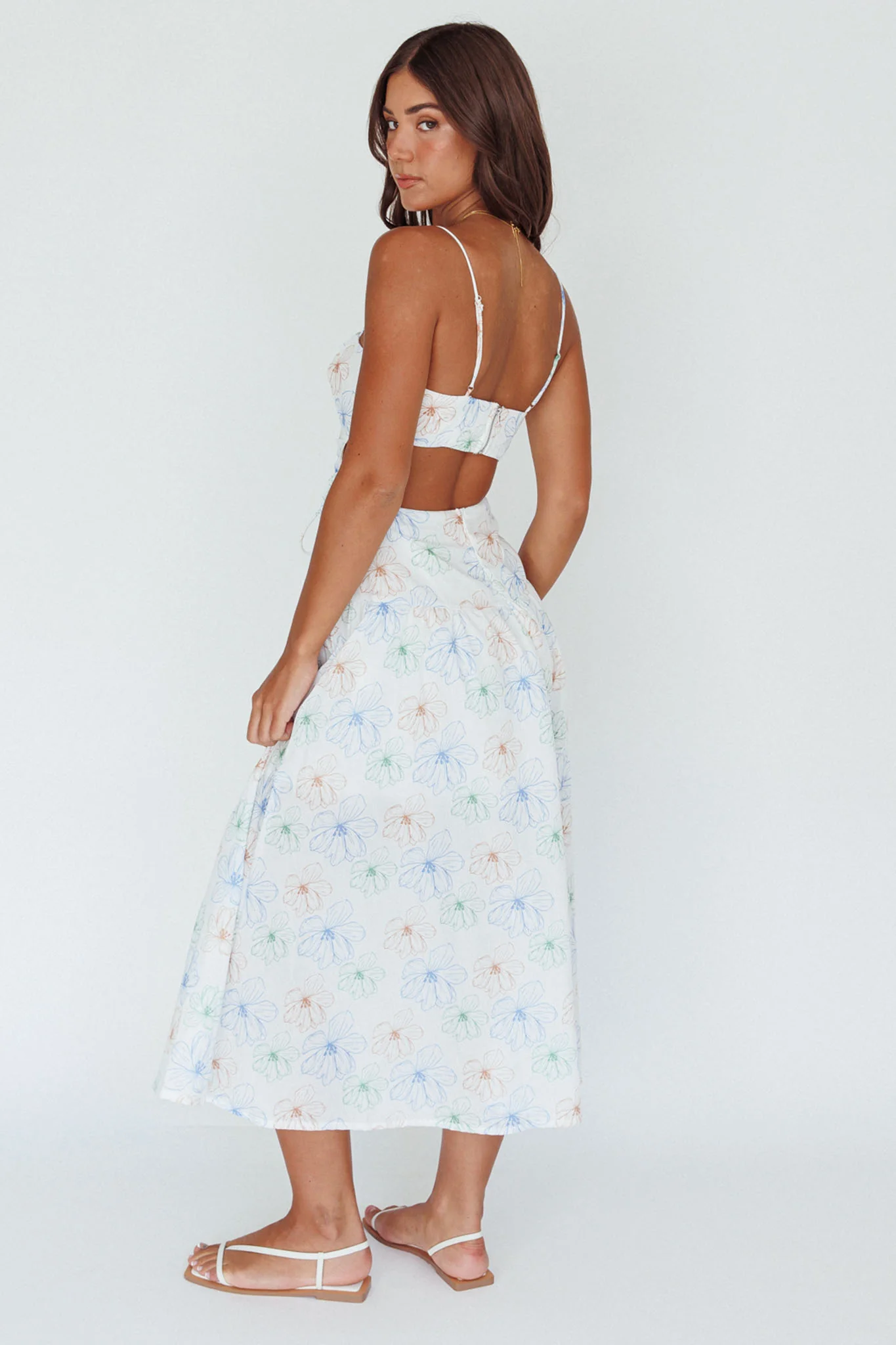 Aloha Cut-Out Waist Midi Dress Floral Blue - Seraphlike