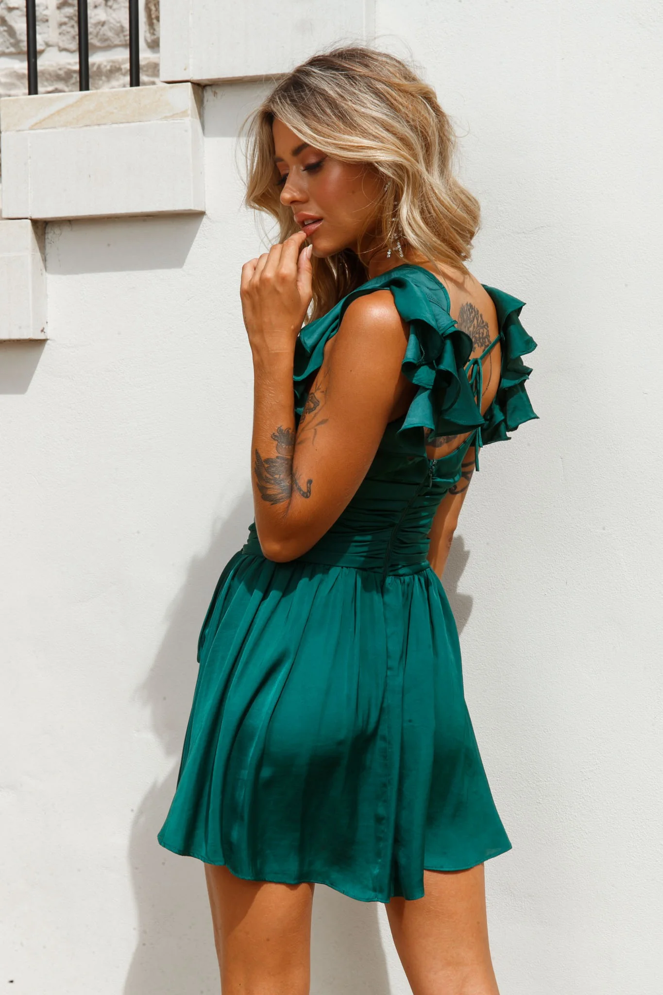 Lola Ruffle Shoulder Ruched Dress Forest Green - Seraphlike