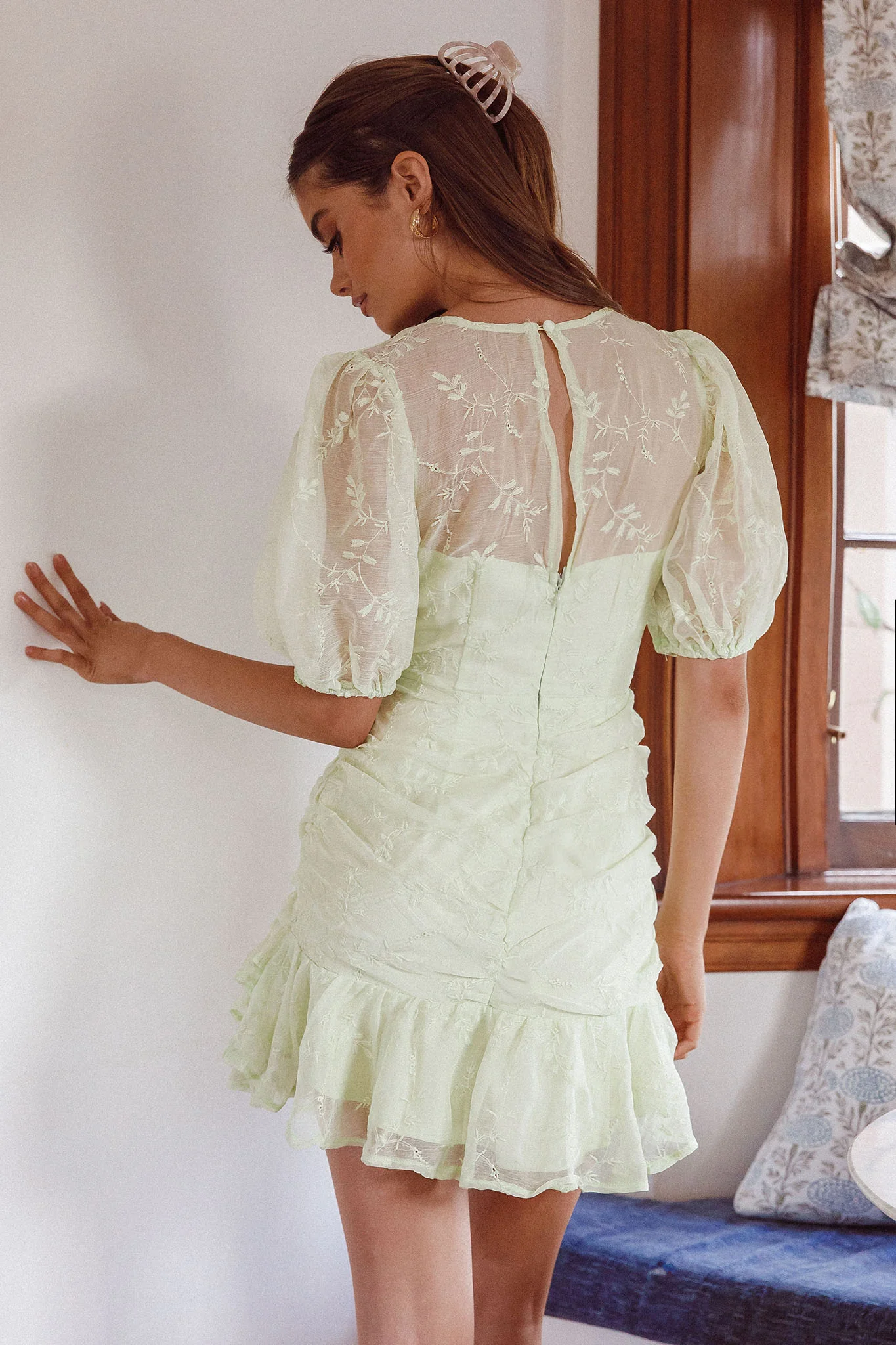 Cherry Blossom Puff Sleeve Wide Ruffle Hem Dress Apple - Seraphlike