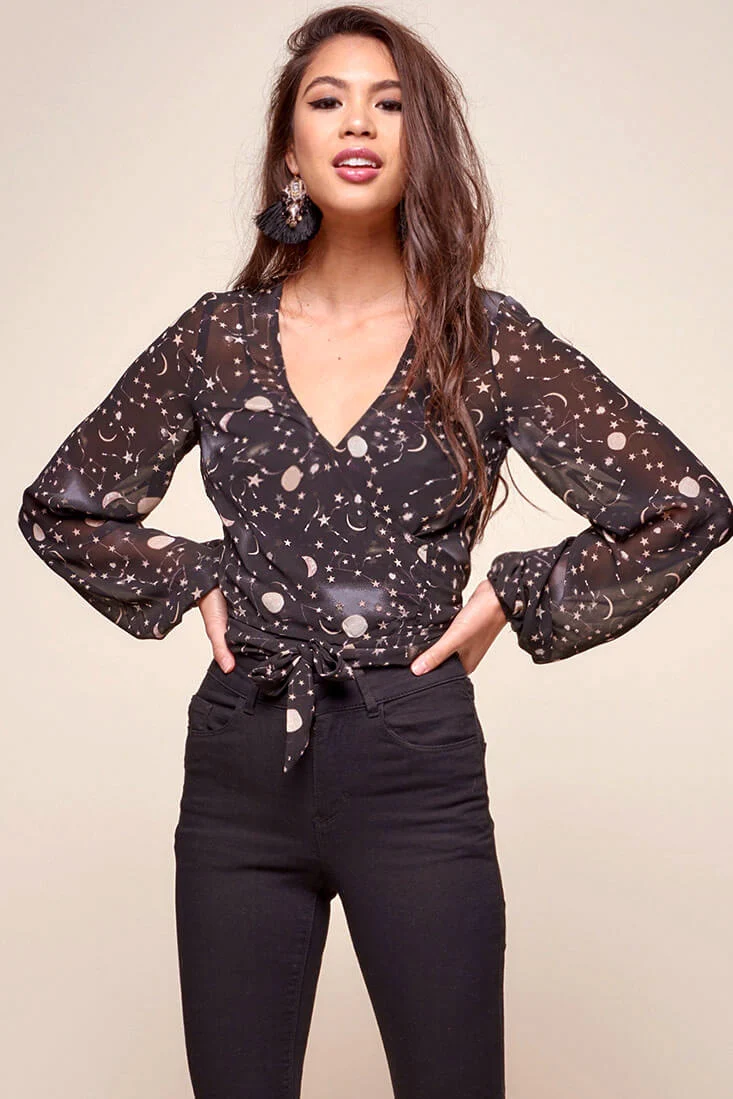 Celeste Galaxy Star Print Wrap Top Black - Seraphlike