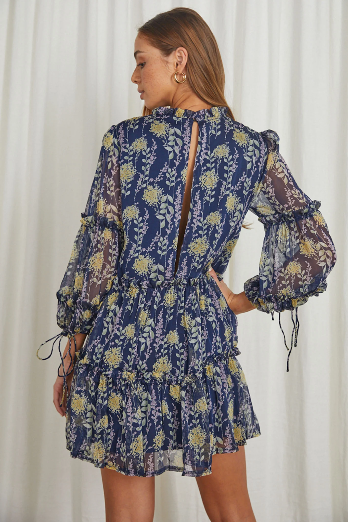 Beatrix High Neck Balloon Sleeve Dress Floral Midnight Blue - Seraphlike