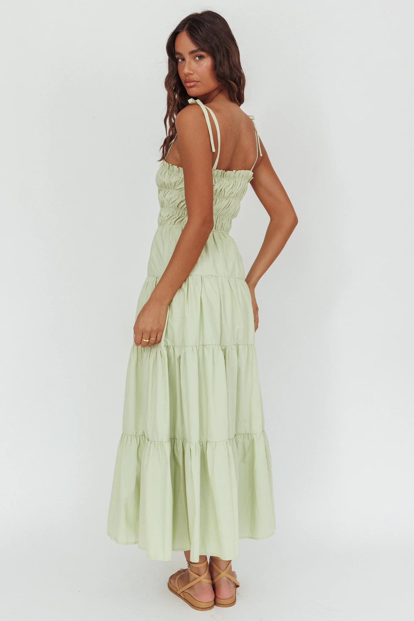 Anderson Tied Shoulder Smocked Bodice Maxi Dress Sage - Seraphlike
