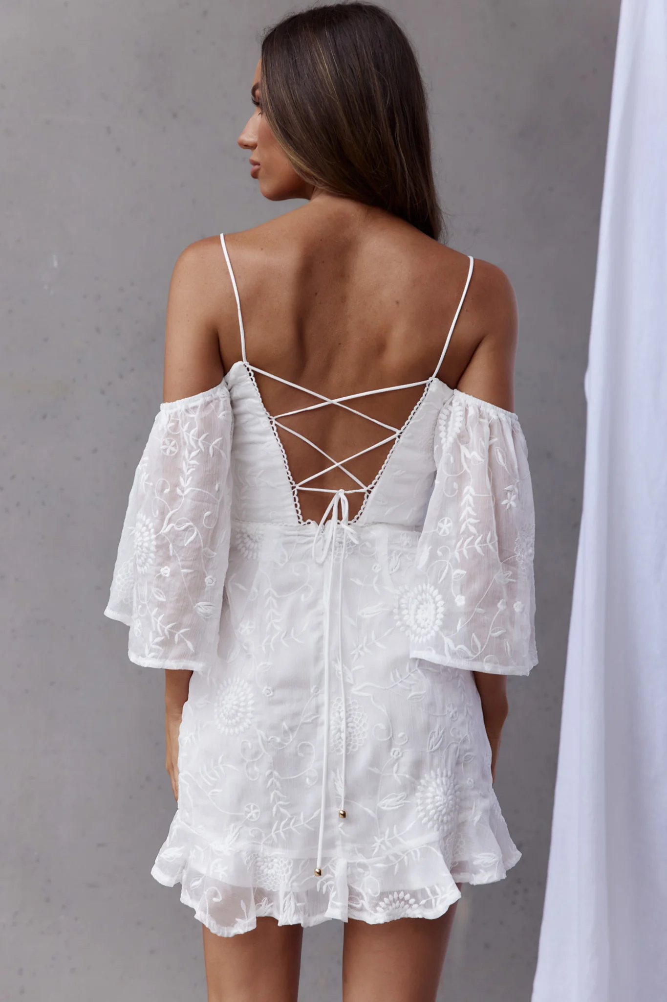 Koda Bell Sleeve Lace-Up Back Mini Dress White - Seraphlike