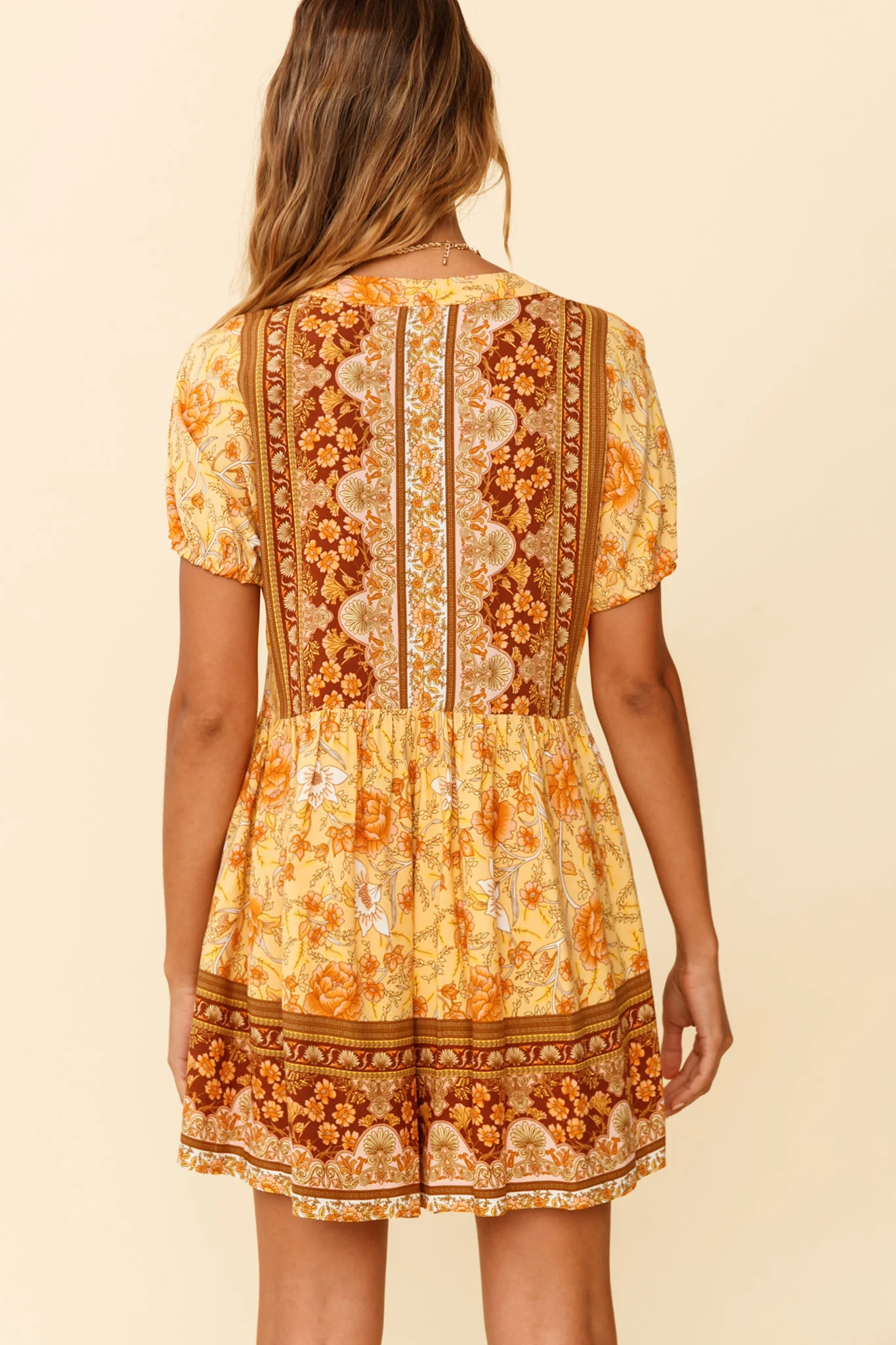 Time Flies Puff Sleeve T-Shirt Romper Boho Floral Print Yellow - Seraphlike