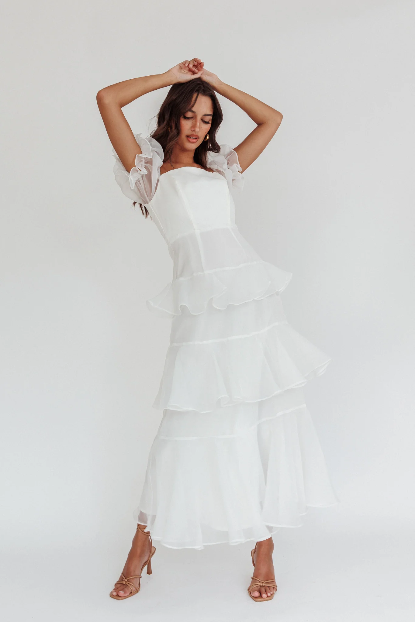 Delwynn Puff Sleeve Layered Midi Dress White - Seraphlike