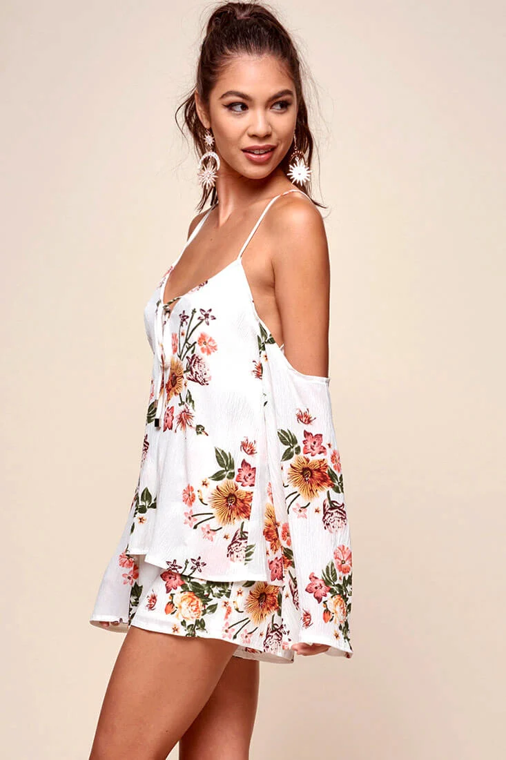 Ashanti Off the Shoulder Layered Floral Romper White - Seraphlike