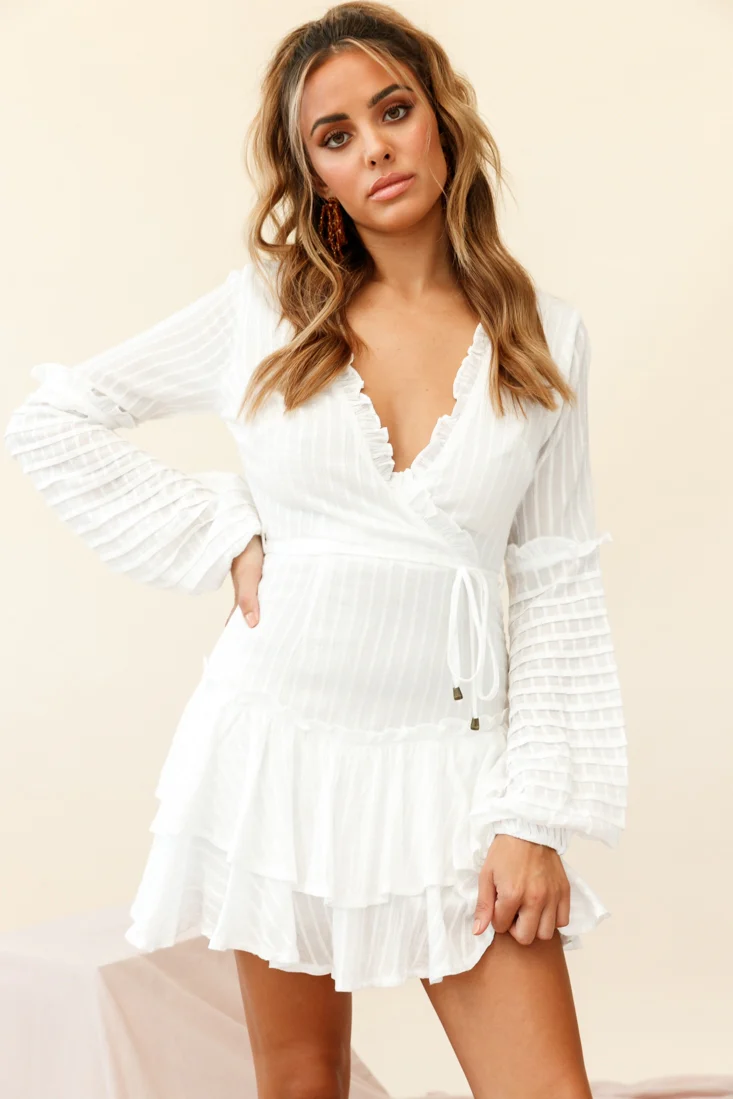 Neve Balloon Sleeve Layered Ruffle Hem Dress White - Seraphlike