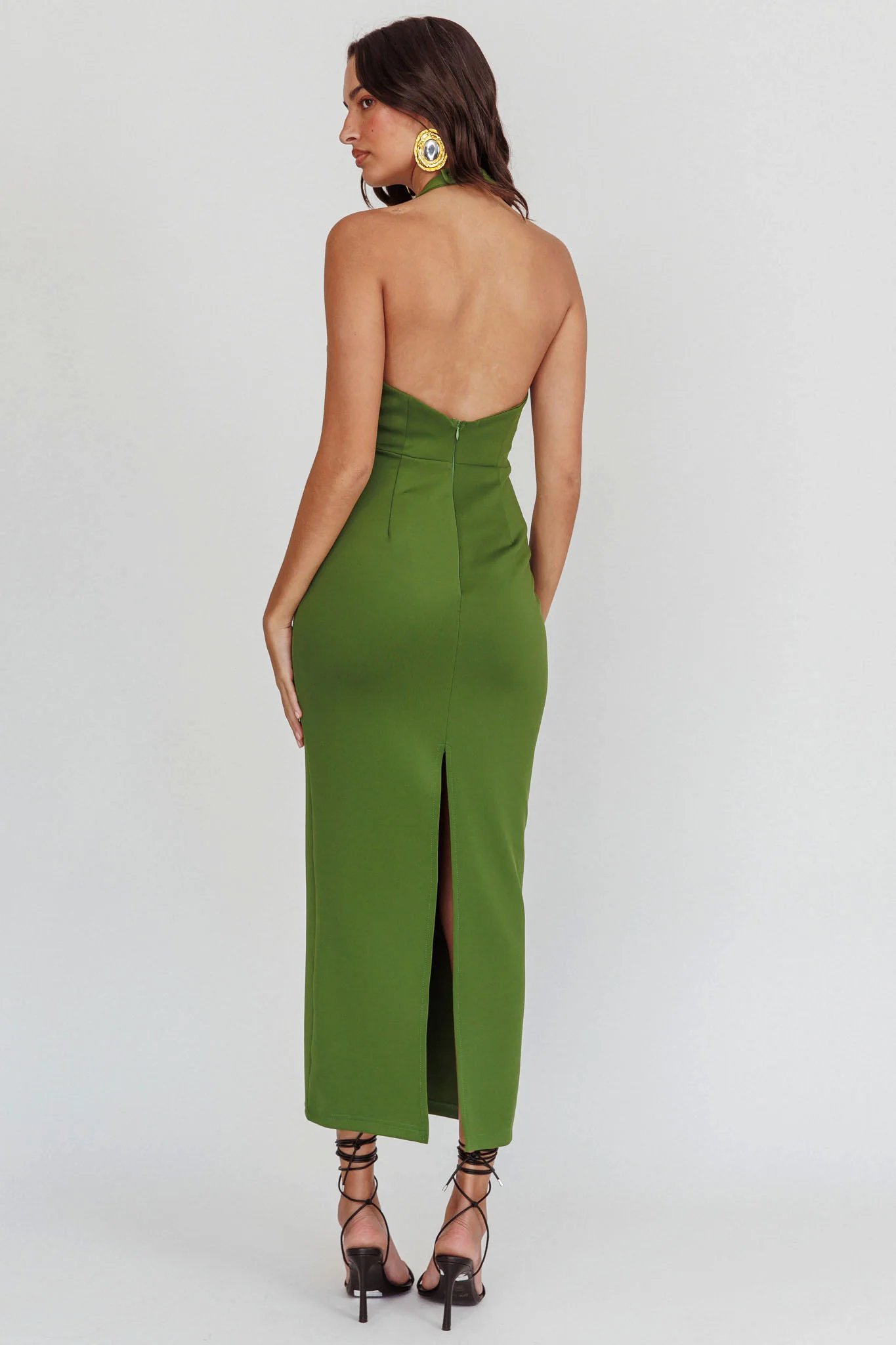 Goldfoil Halter Neck Maxi Dress Olive - Seraphlike