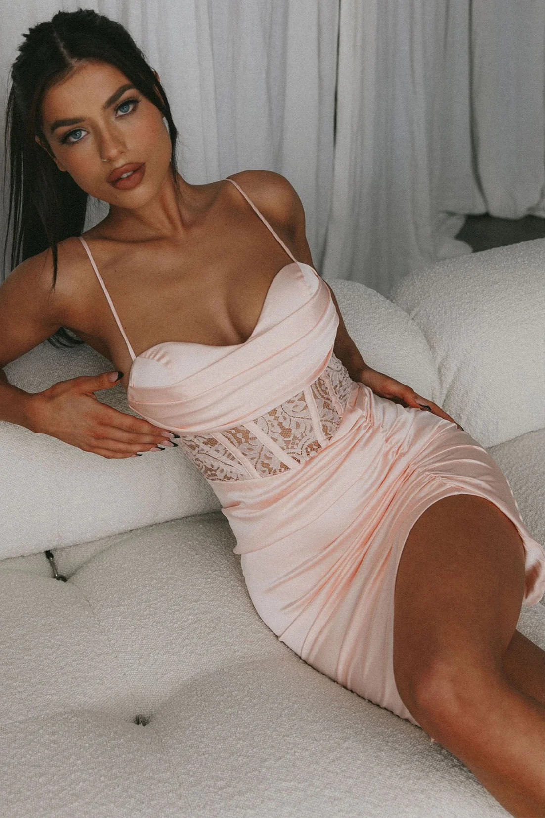 Tuscany Lace Bodice Ruched Dress Blush - Seraphlike