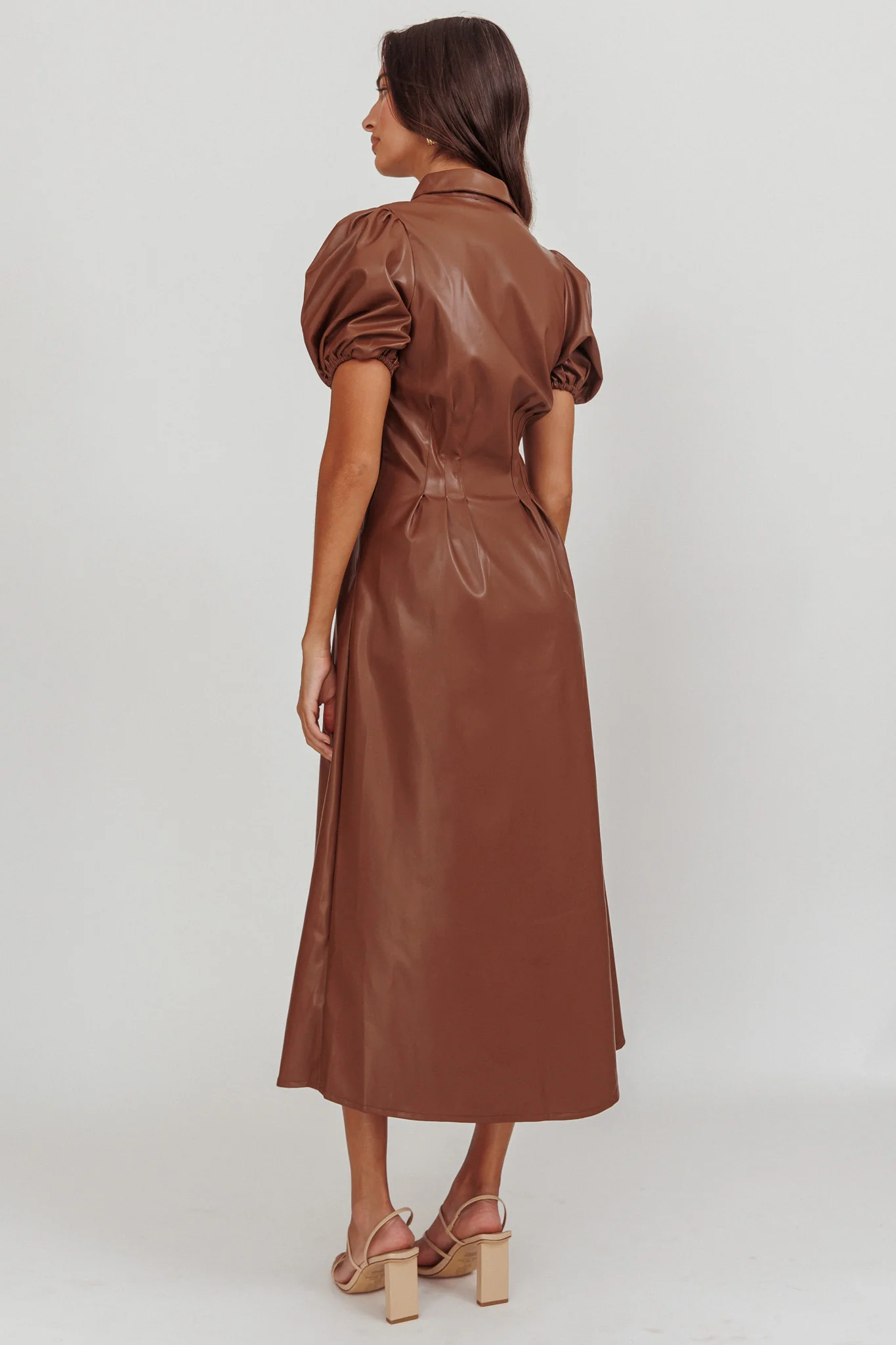 Zurich A-line Puff Sleeve Midi Dress Chocolate - Seraphlike