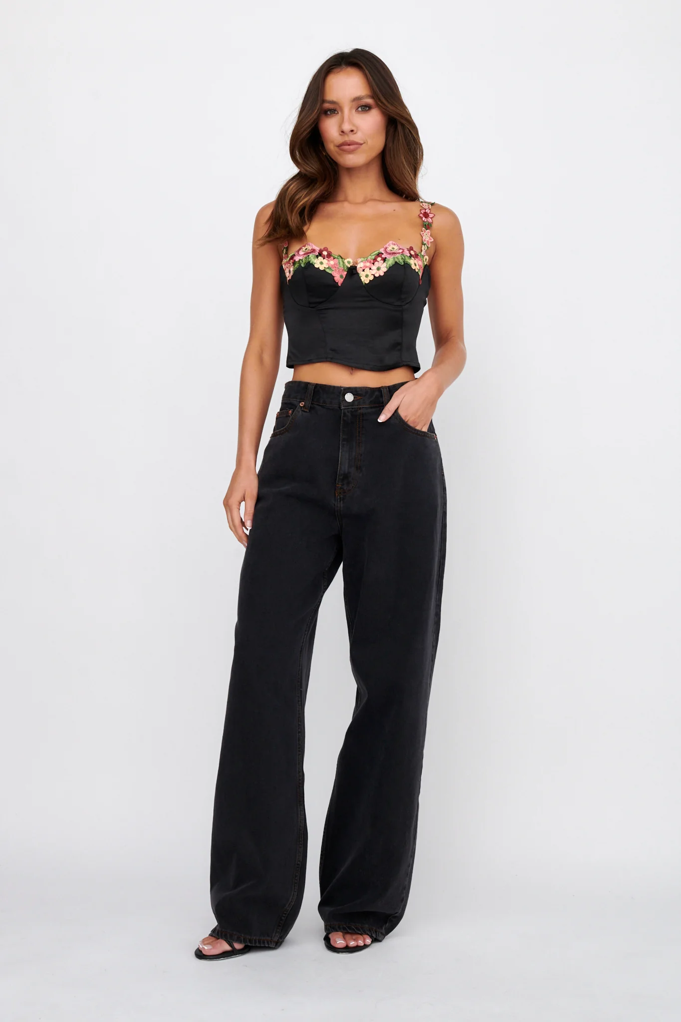 Rose Garden Floral Applique Crop Top Black - Seraphlike