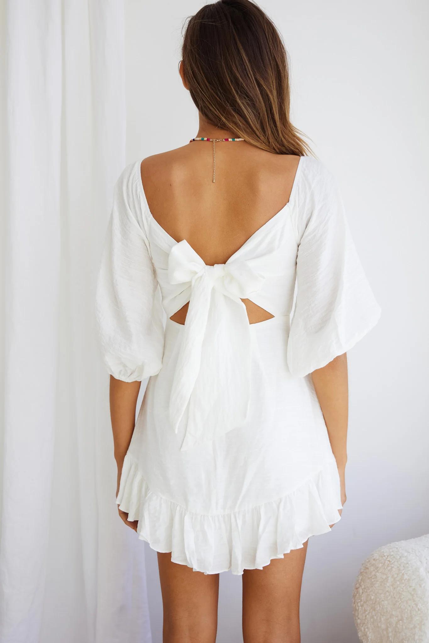 Picture This Three Quarter Sleeve Cut-Out Bust Mini Dress White - Seraphlike